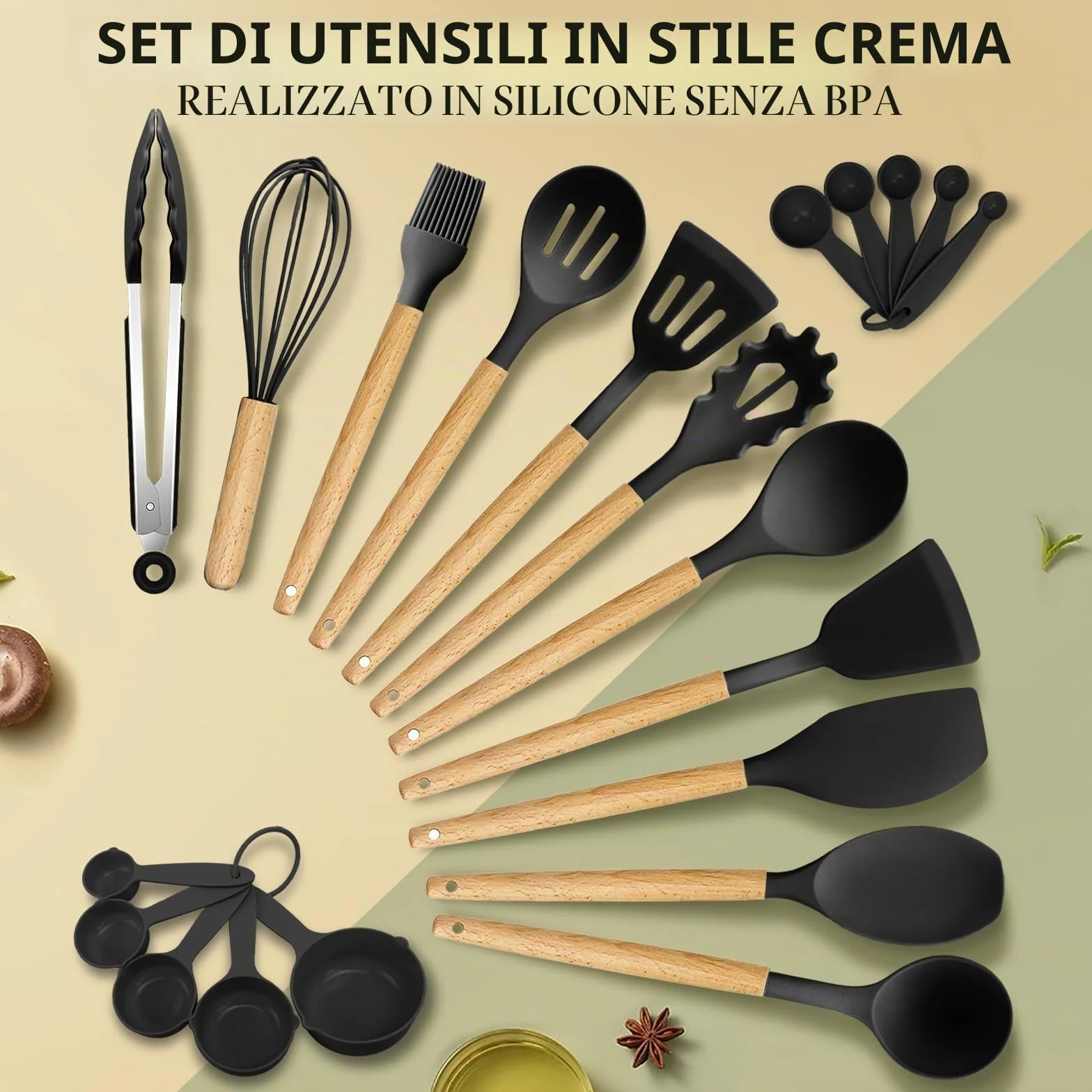 Zestaw 22 sztuk silikonowych utensyli kuchennych z drewnianą rączką do garnków