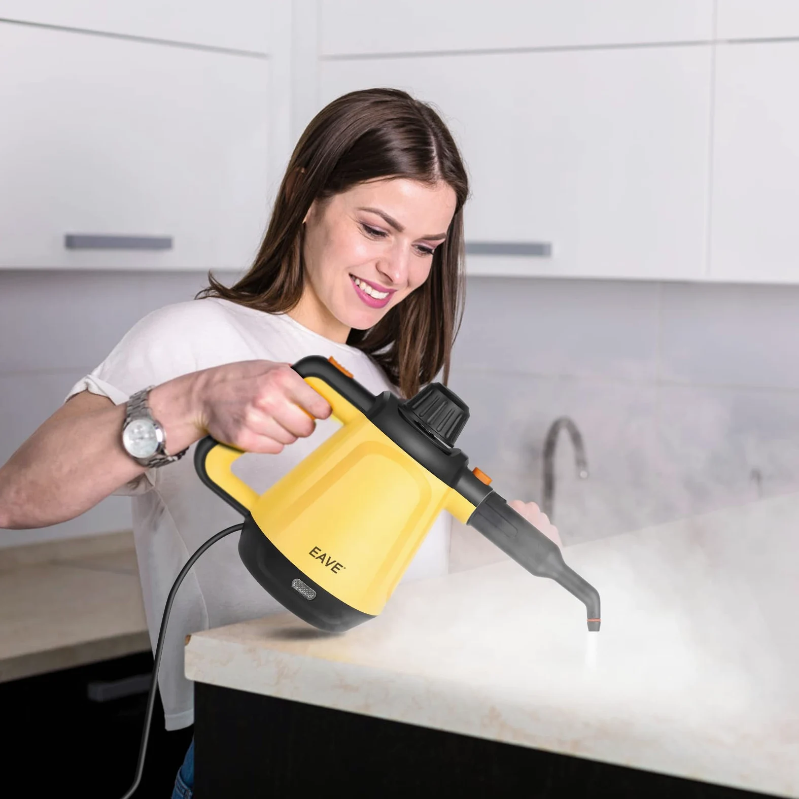 EAVE Pulitore a Vapore Portatile, 110℃ Vaporetto Portatile per una Pulizia Efficiente, Versatile Vaporetto con 10 Accessori e un Cavo 5 m, per Divani, Tappeti, Fessure, Pulizia Senza Chimica (Giallo)