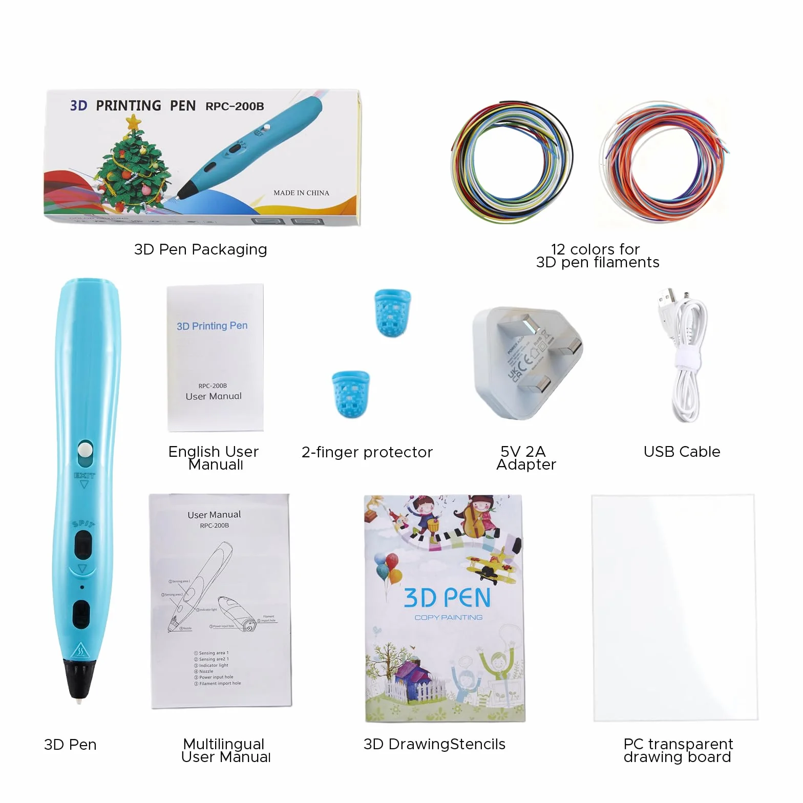 Set di penne 3D RPC200B, 12 colori filamento PLA, penna per stampa 3D blu