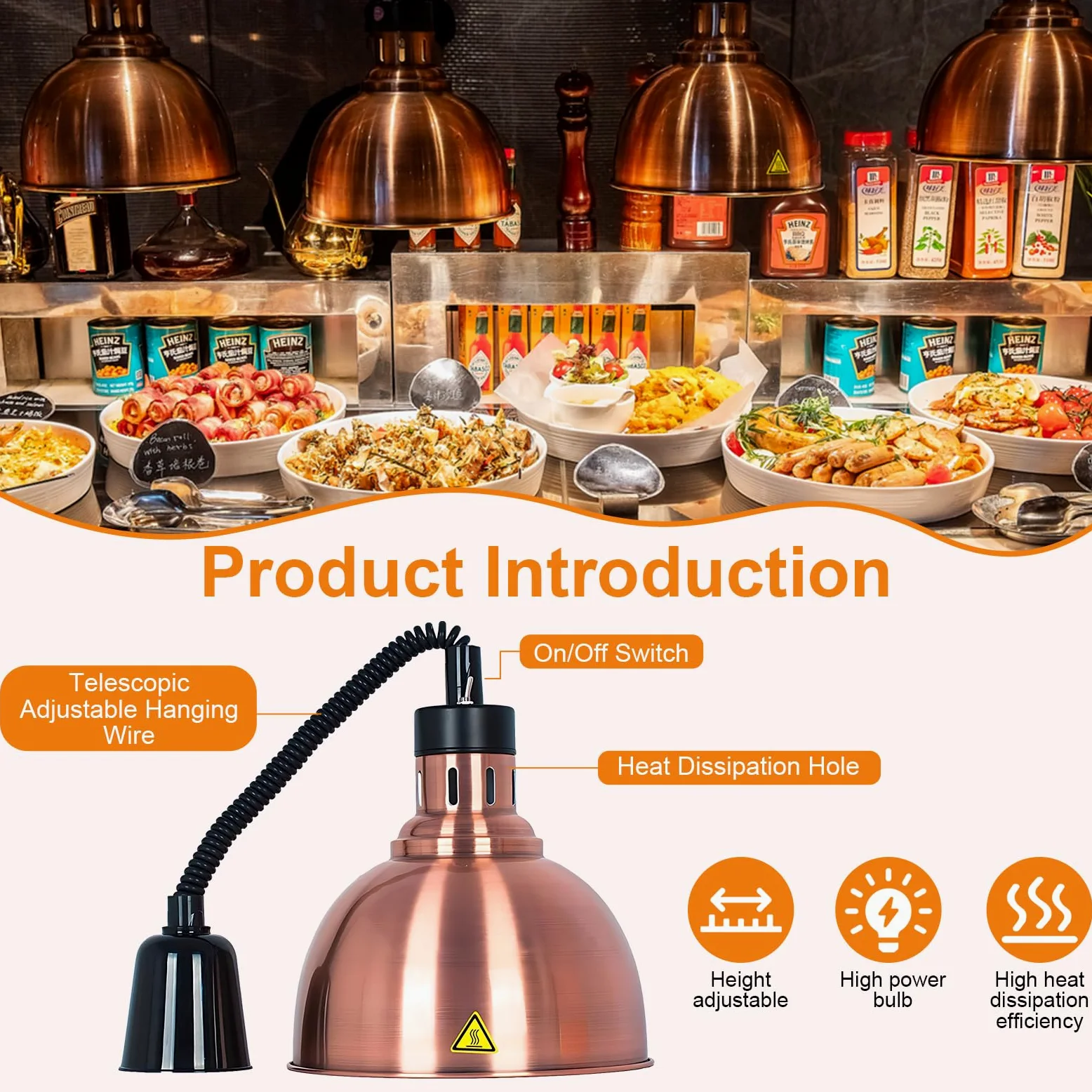 Lampada Riscaldante Cucina, 250W Lampada Riscaldante per Alimenti Regolabile, Lampada Scaldavivande Ristorante Sospeso 19 cm/25 cm per Ristoranti, Hotel (Acciaio inossidabile-25cm,2 Pezzi)
