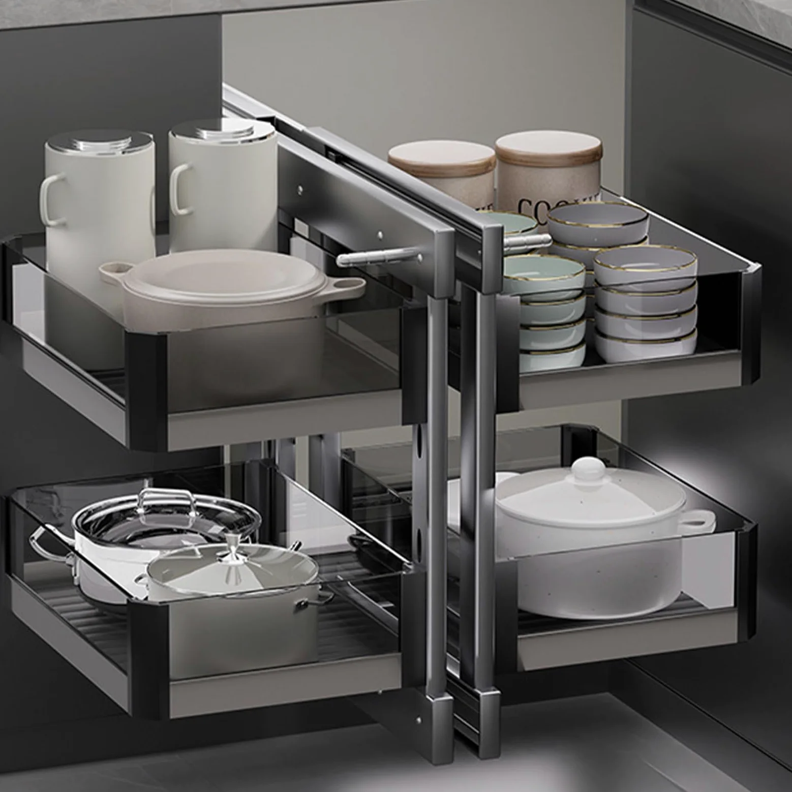 Armadio angolare da cucina con 4 cestelli estraibili, organizer estensibile per dispensa