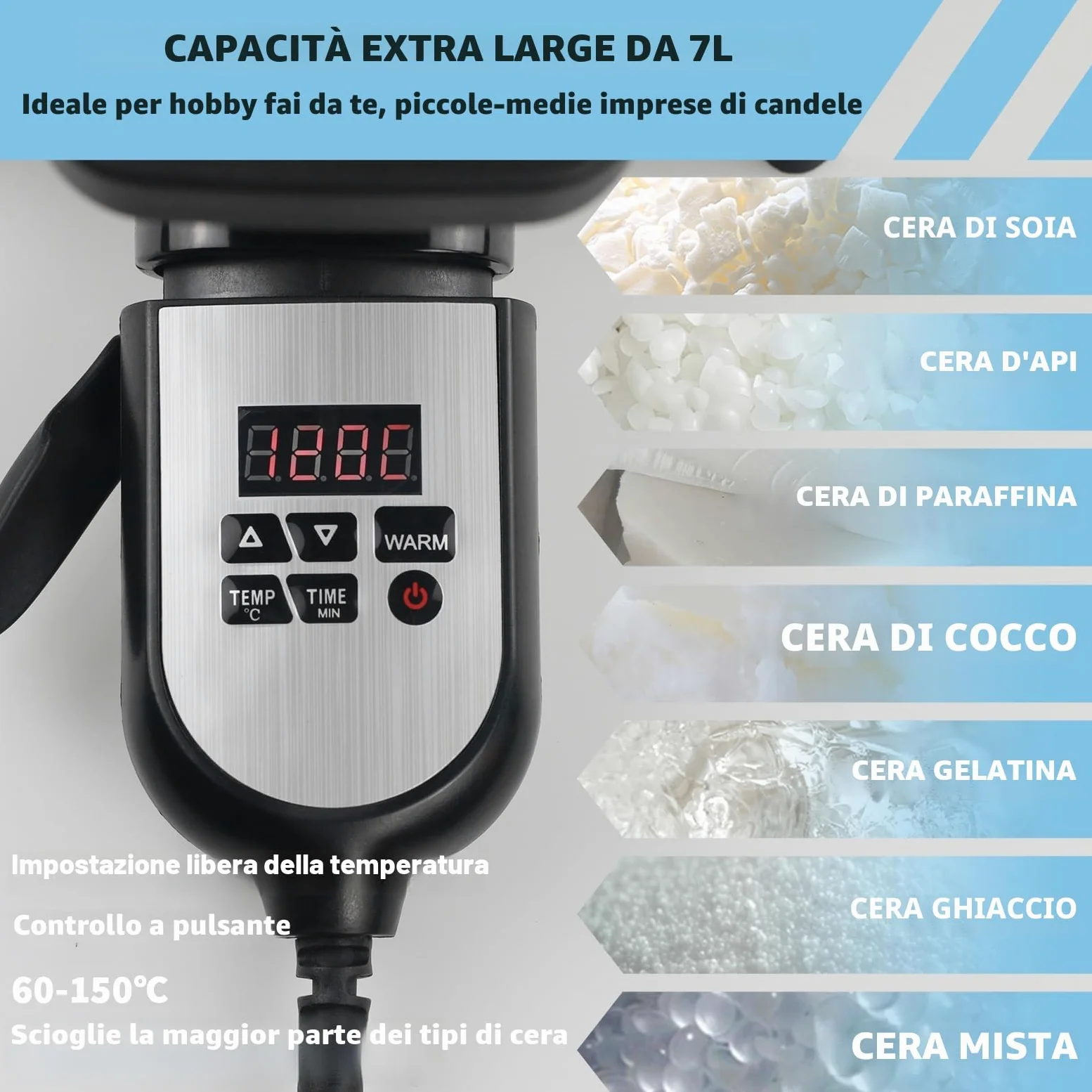 Bienslys Fonditore elettrico di cera per candela contenente 7L di cera di soia non aderente con dispositivo di controllo della temperatura a pressione di pulsante