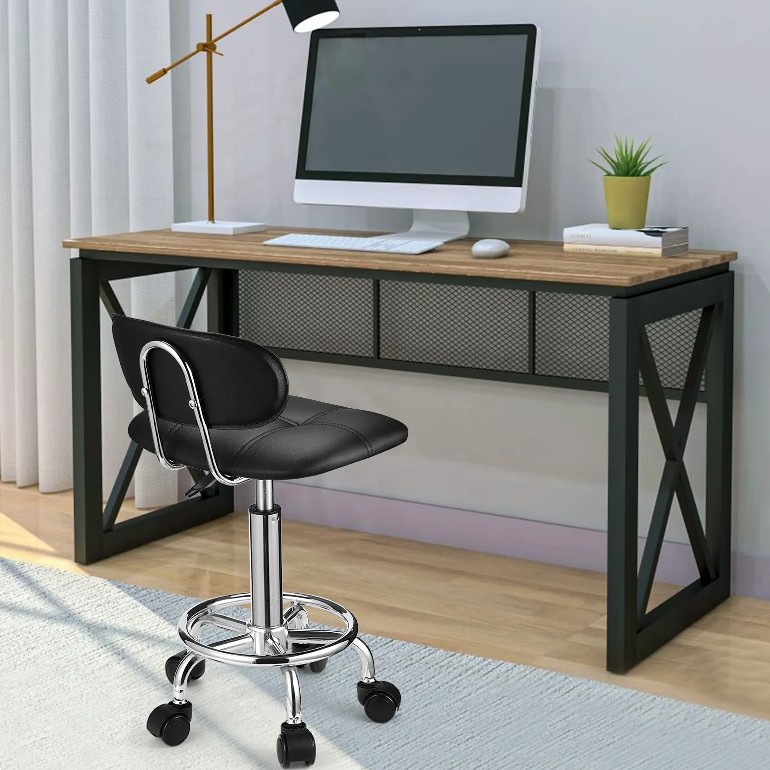 HMTOT Sgabelli quadrati con schienale regolabile in altezza e girevole con ruote, colore: nero