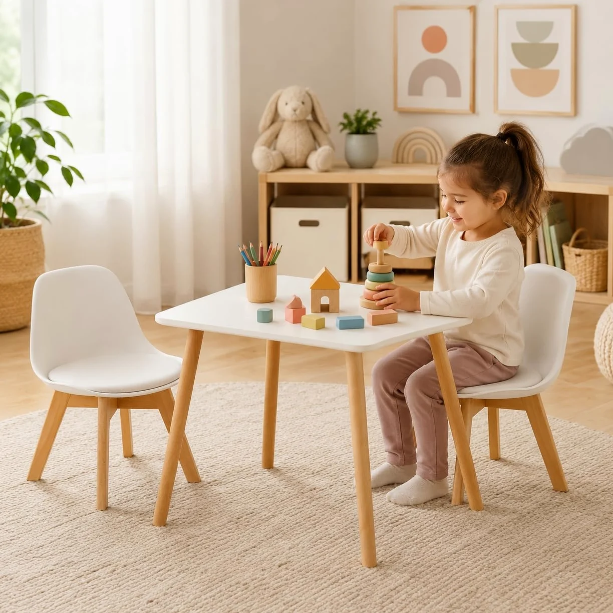 EGGREE Set di 2 Sedie per Bambini con Gambe in Legno, Sedia Piccola in PP+PU con Schienale per Cameretta per Bambini, Sedia da scrivania per Bambini,bianco