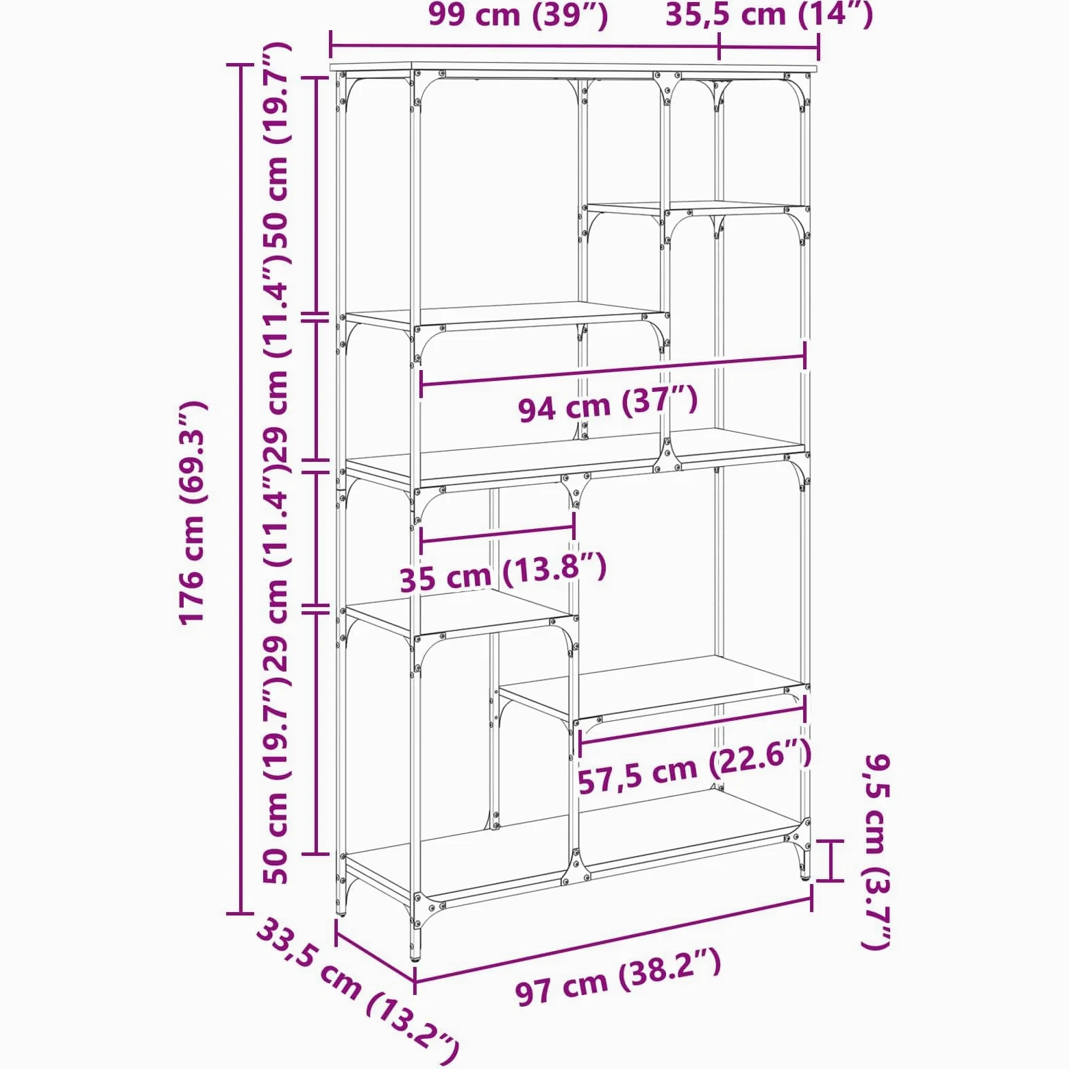 vidaXL Libreria Rovere artigianale 99 x 35,5 x 176 cm, Libreria rettangolare moderna, solido spazio per soggiorno, perfetta per una casa piena di libri, unità autoportante