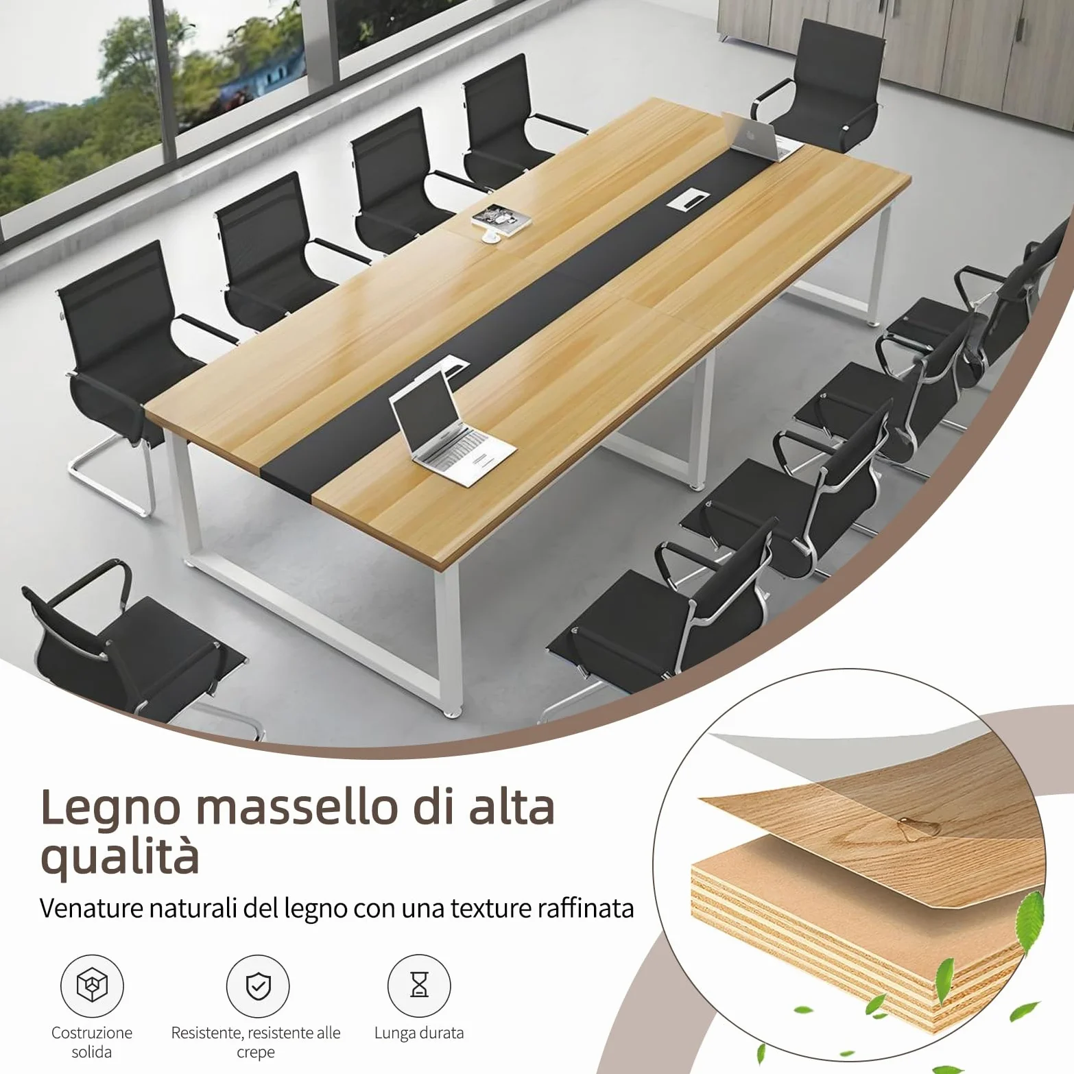 Tavolo Riunioni Ufficio Moderno, Tavolo da Conferenza Rettangolare con Canalina per Cavi e Struttura in Metallo Nero, Ideale per 8-12 Persone, Sala Conferenze e Seminari