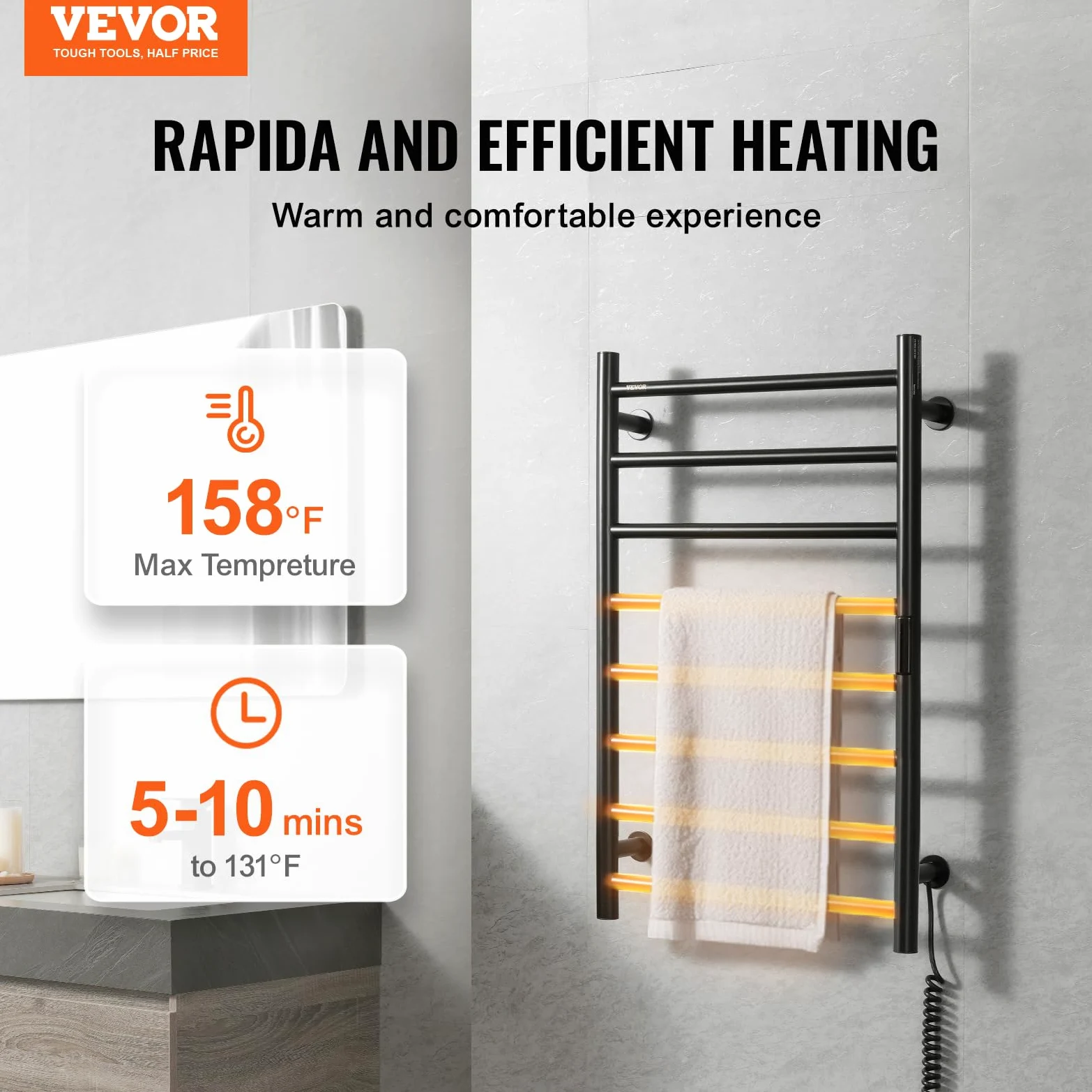 VEVOR Scaldasalviette Termoarredo, Portasciugamani Riscaldato con 8 Barre, Scaldasalviette Impermeabile con Timer e Display LED, 5 Livelli di Temperatura Regolabili, Montaggio a Parete, Nero