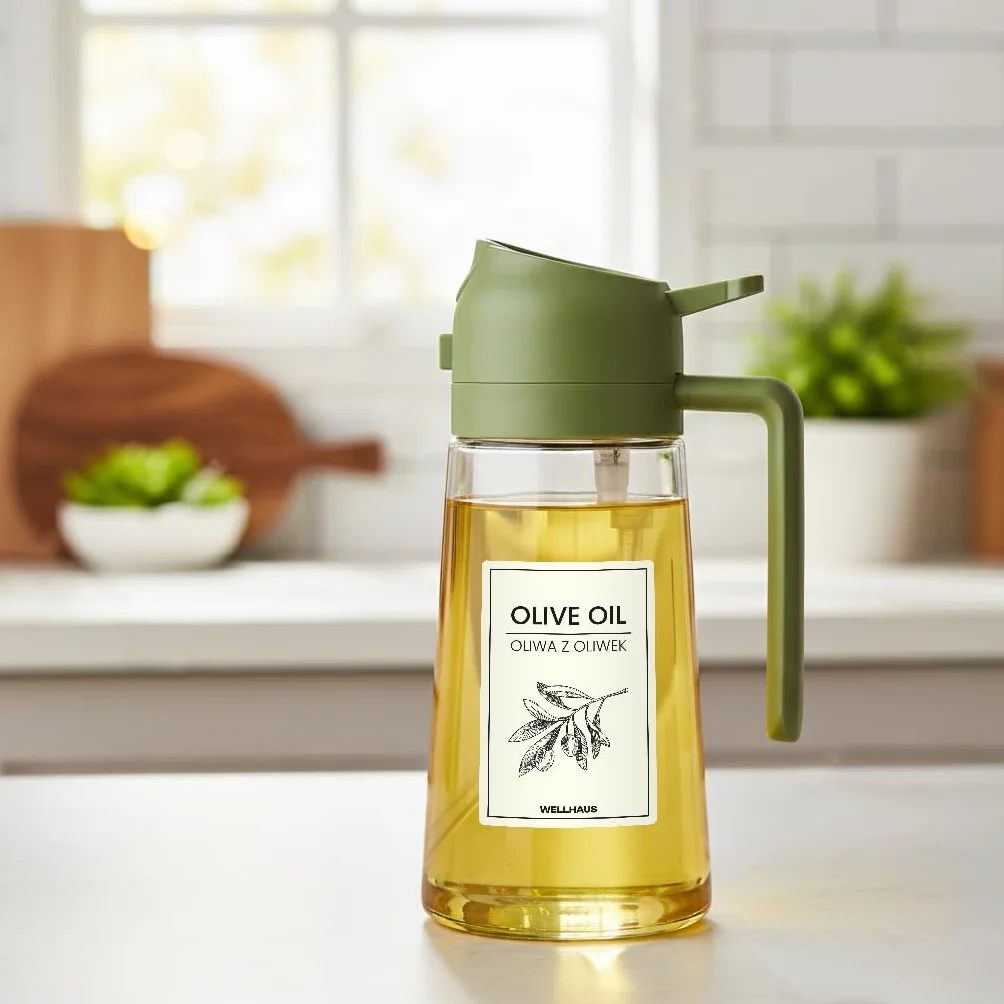 Dispenser per olio d'oliva & spray per olio 2in1 – 470 ml, flacone in vetro con protezione UV, a tenuta di luce, erogatore per olio & spray per olio per friggitrice ad aria, cucina, cottura