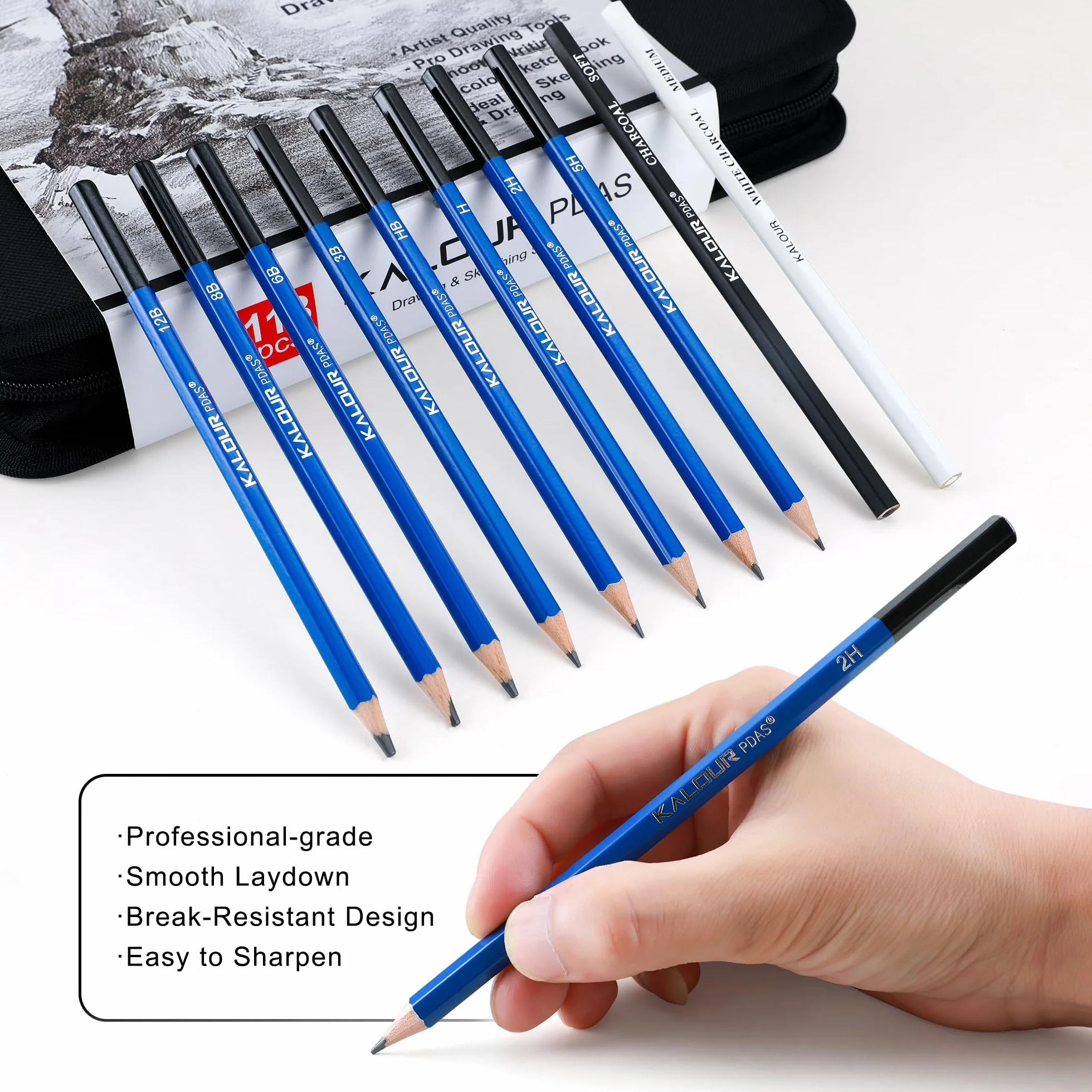 KALOUR Set da disegno professionale da 113 pezzi, set per schizzi con matite grafite e a carboncino, quaderno da schizzo a 3 colori, figura in legno, accessori artistici in astuccio per principianti e