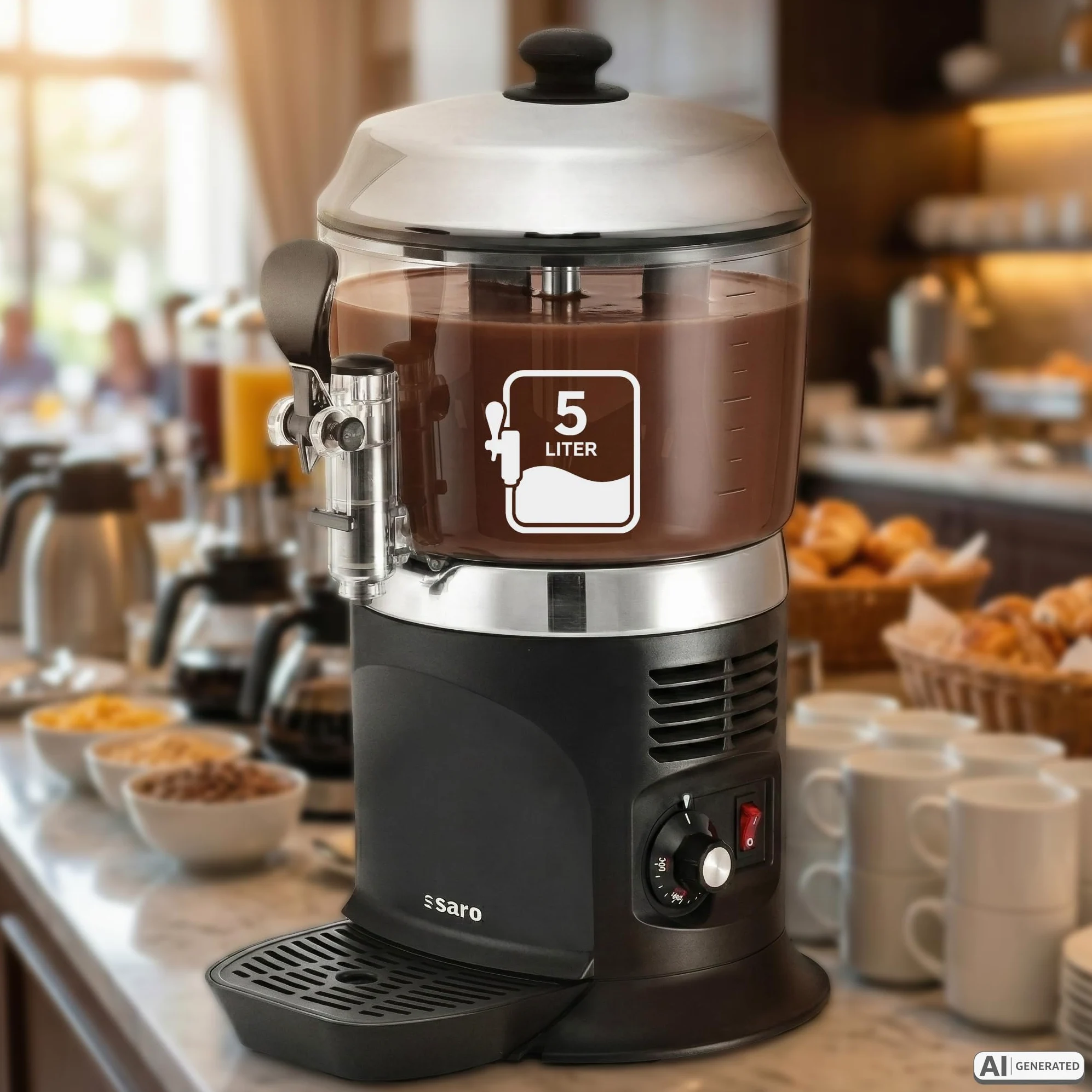 SARO NINA - Dispenser e agitatore di cacao, da 5 l, con temperatura regolabile in modo continuo da 30 a 90 °C, rubinetto, contenitore rimovibile, da 260 x 320 x 500 mm (l x P x H), 230 V, 1,1 kW