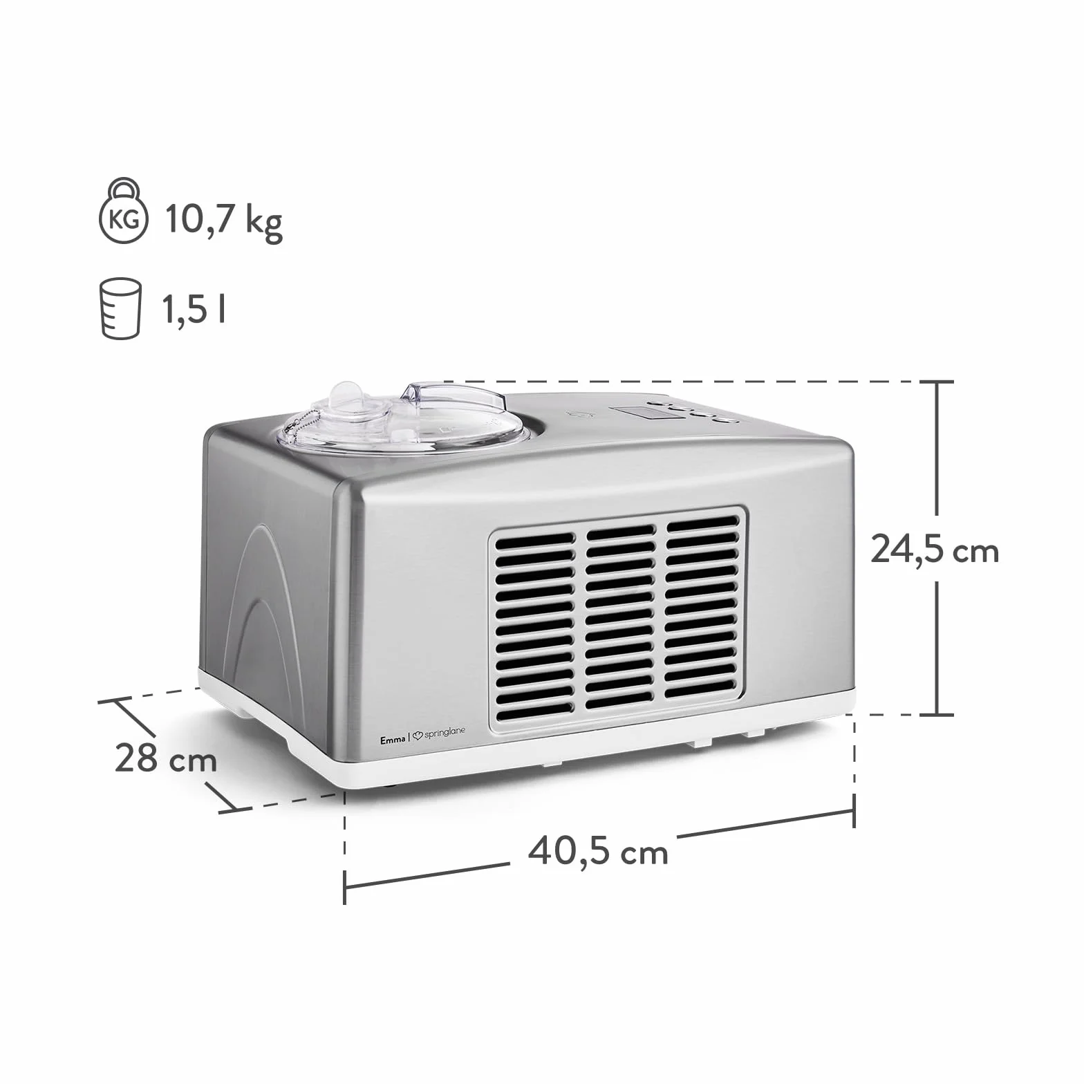 SPRINGLANE Gelatiera Emma 1,5 L con compressore autoraffreddante 150 W, in acciaio inossidabile con contenitore per il ghiaccio rimovibile (Argento, 1.5 L)