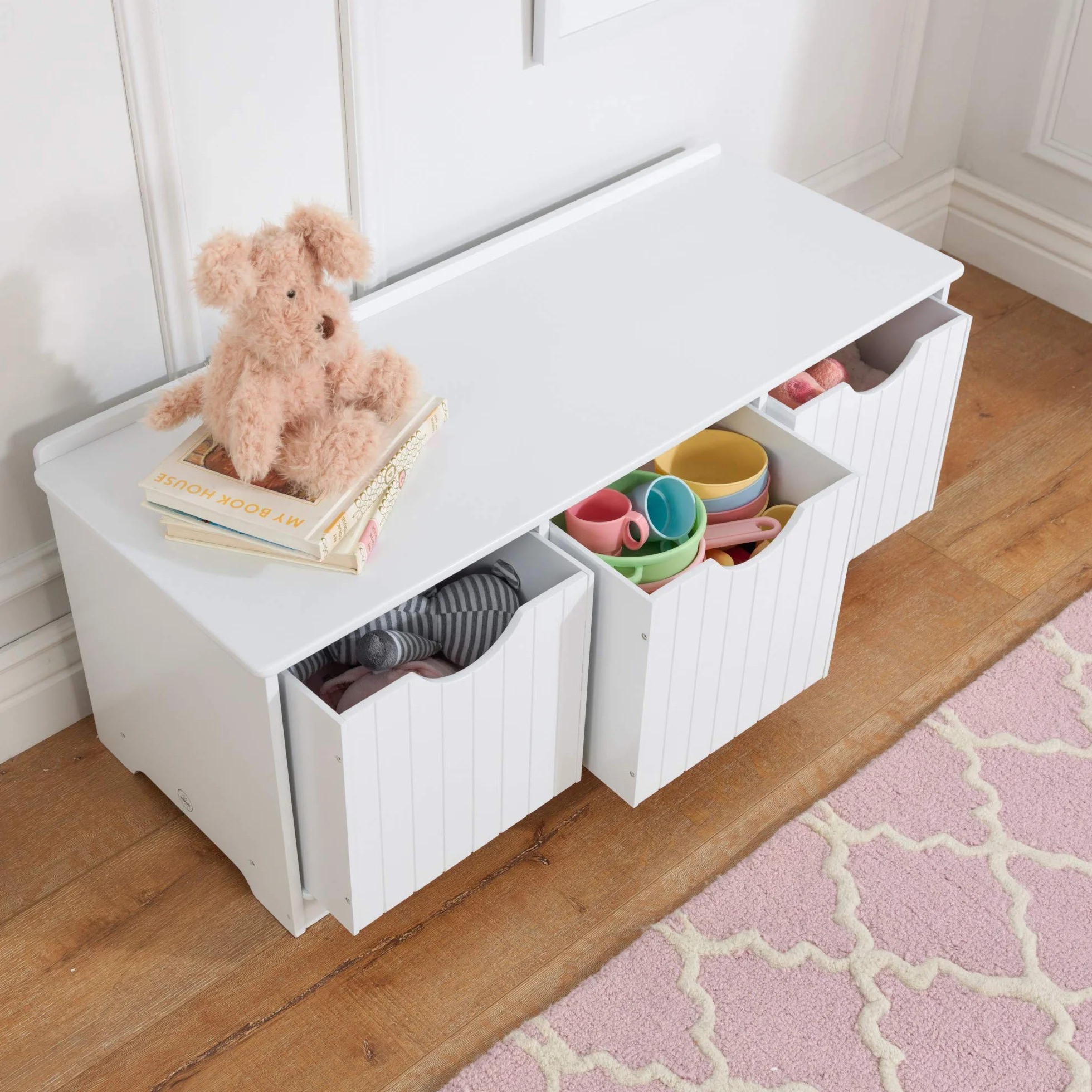 KidKraft Panca Contenitore in Legno Nantucket Bianco con 3 Cassetti Portaoggetti, Mobile Porta Giochi Bambini, Mobili per Cameretta e Sala Giochi per Bambini, 14564