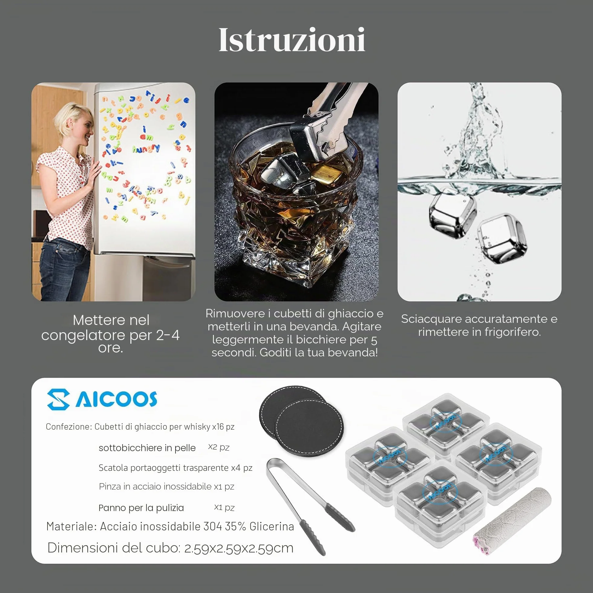 Cubetti di Ghiaccio Riutilizzabili in Acciaio Inox 16 Pezzi - Pietre per Whisky Regalo Uomo
