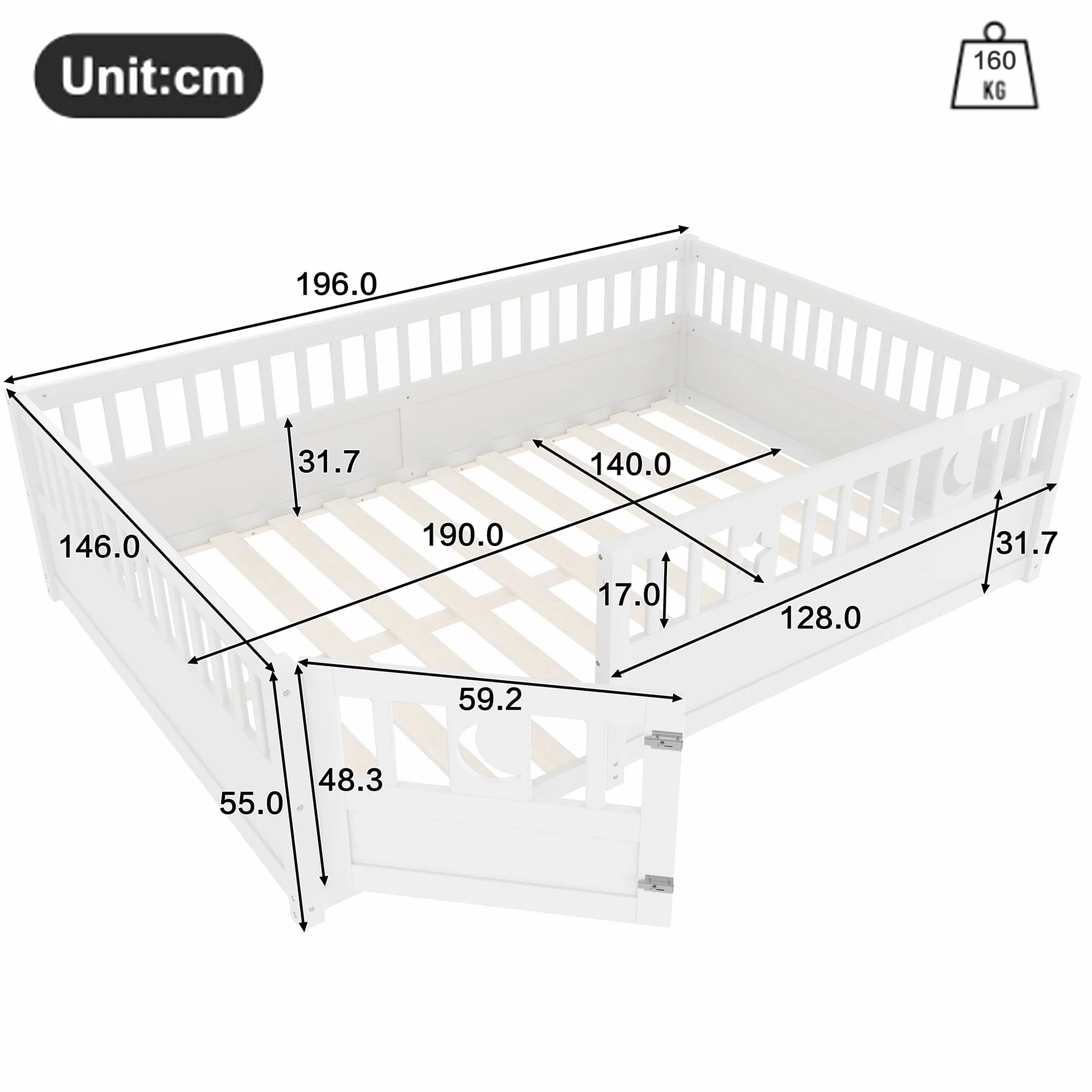 Letto per Bambini 140 x 190 con Ringhiera, Montessori Letto a Terra Bambino con Rete a Doghe, decorazione a Stella e Luna, Struttura letto in Legno di pino(Senza Materasso)