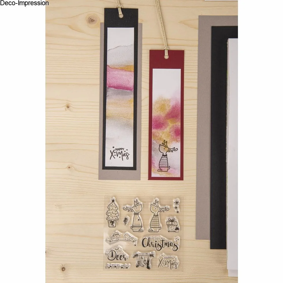 Rayher Clear Stamps Set timbri trasparenti in silicone, tavoletta 102,5x97mm, 12 motivi invernali e natalizi, amici renne, per scrapbooking e decoro, biglietti d'auguri e pacchi regalo, 50253000
