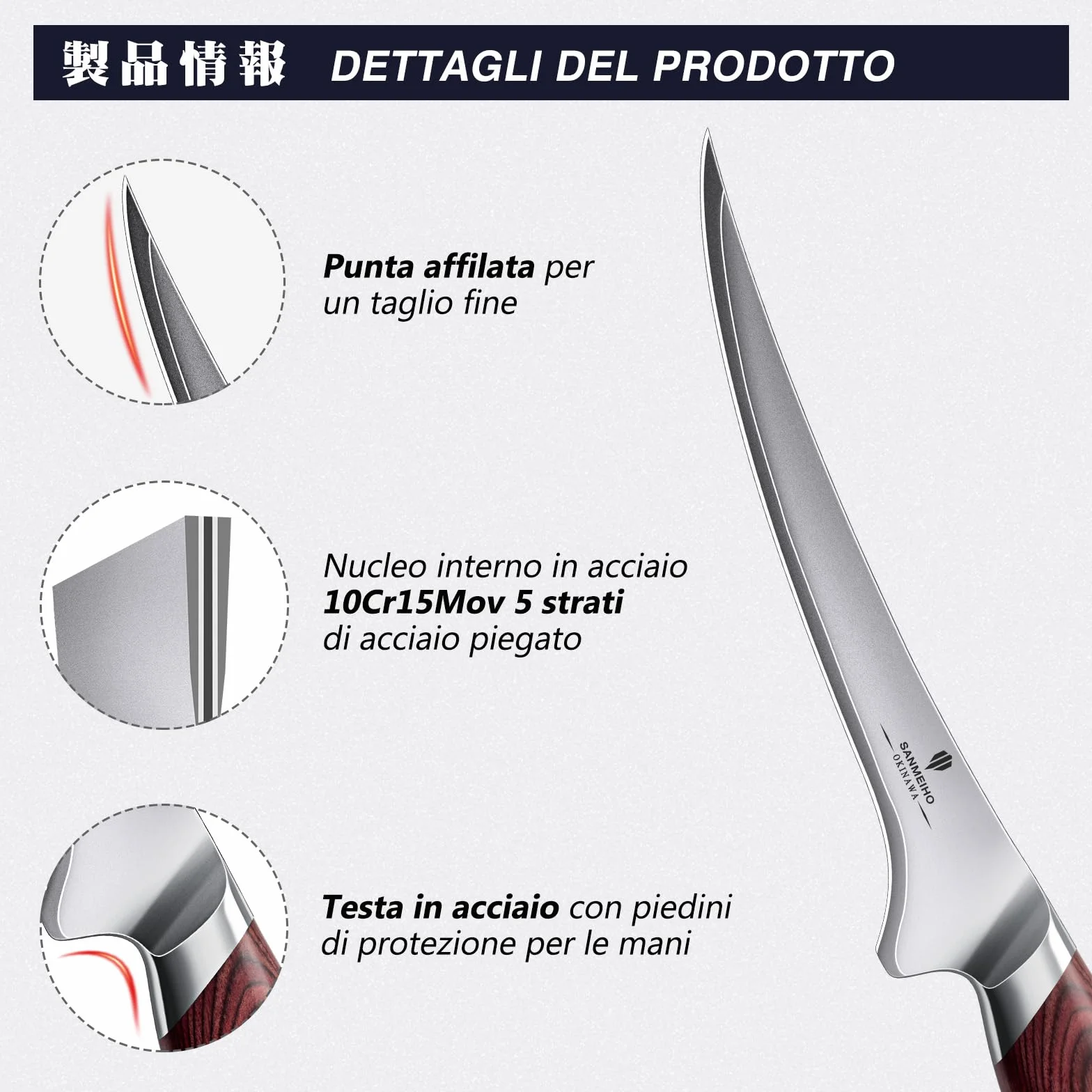 Coltello per Sfilettare 18 cm 10Cr15Mov Acciaio Giapponese Manico Ergonomico Legno di Pakka