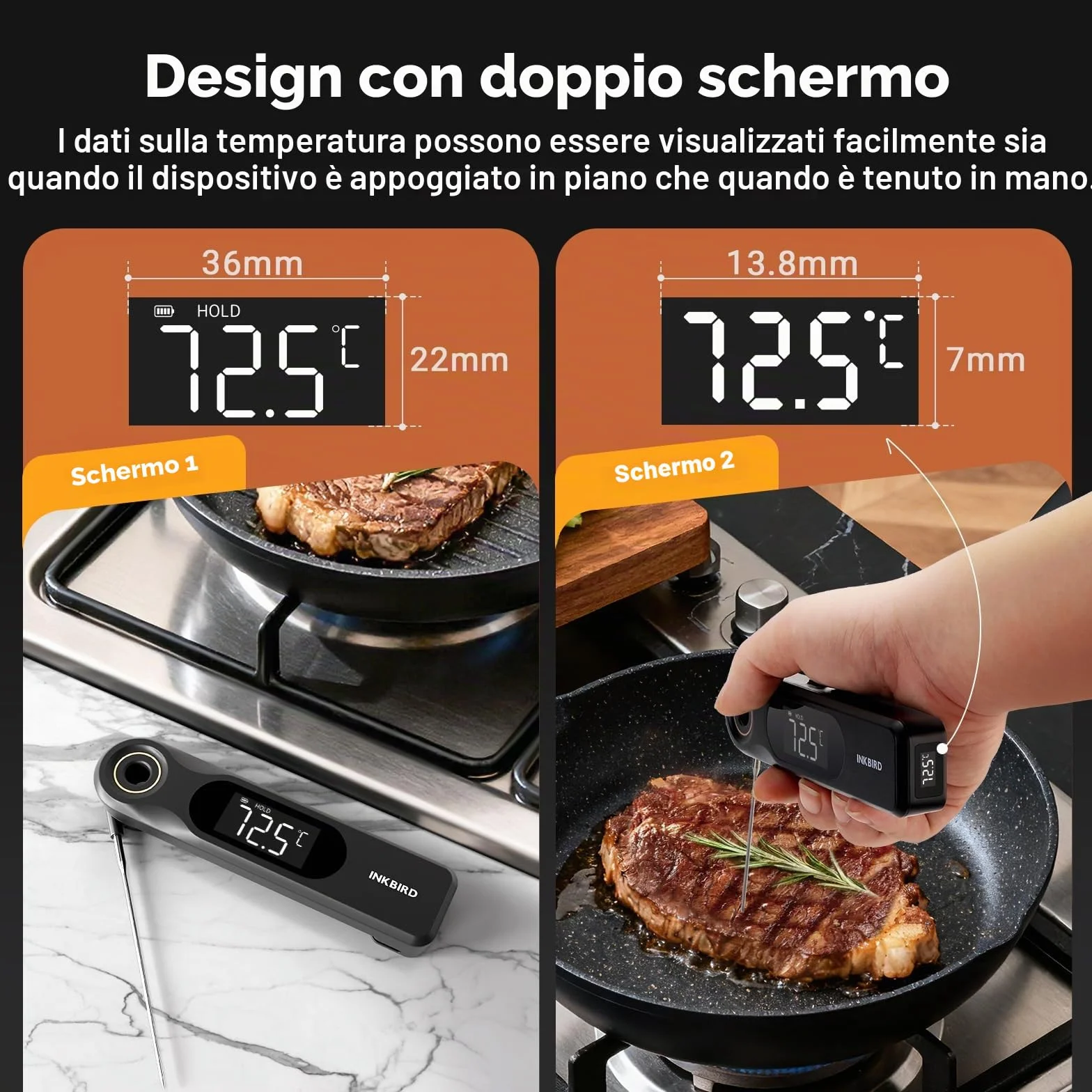 INKBIRD Termometro Alimentare a Lettura Istantanea a Doppio Display,Due Schermi,Risposta Super Rapida 0,5 Sec,Impermeabile IP65 Corpo Intero,Ideale per Cucina, Grigliate,Forno,Preparazione Bevande