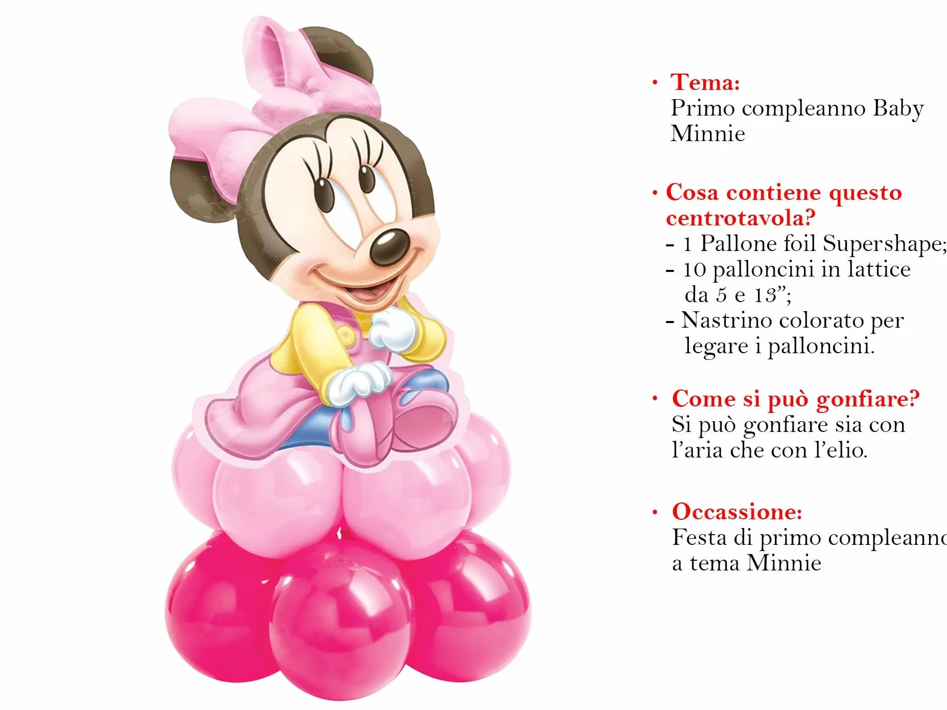Centrotavola di palloncini supershape per feste di primo compleanno a tema Minnie| Decorazione e addobbi tavolo per primo compleanno bambina a tema Baby Minnie| 12 pezzi