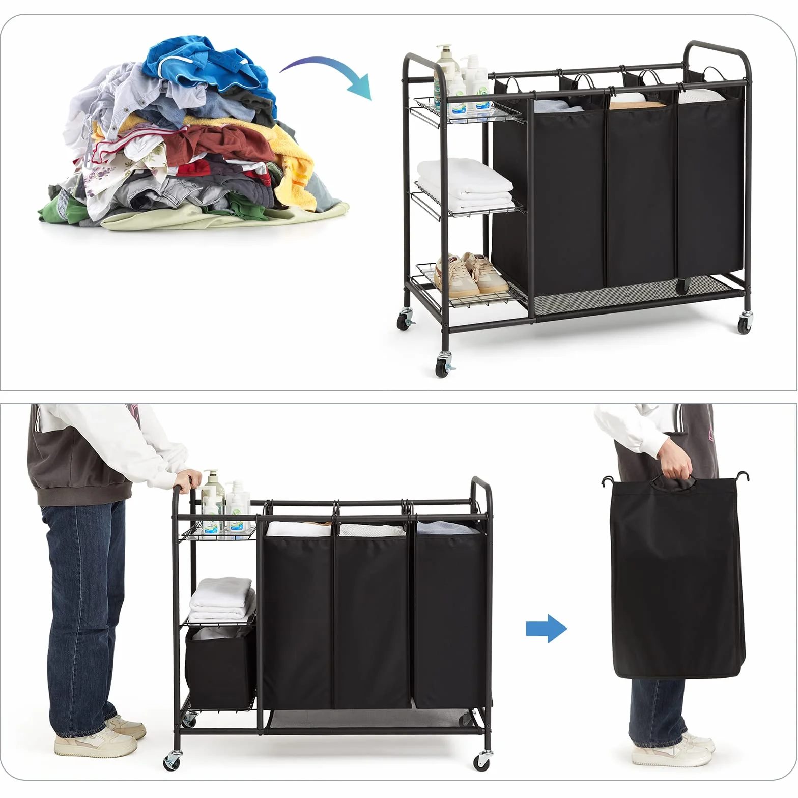 Meerveil Carrello Porta Biancheria con 3 Sacchi Rimovibili, Ceste per Bucato con Rotelle Universali