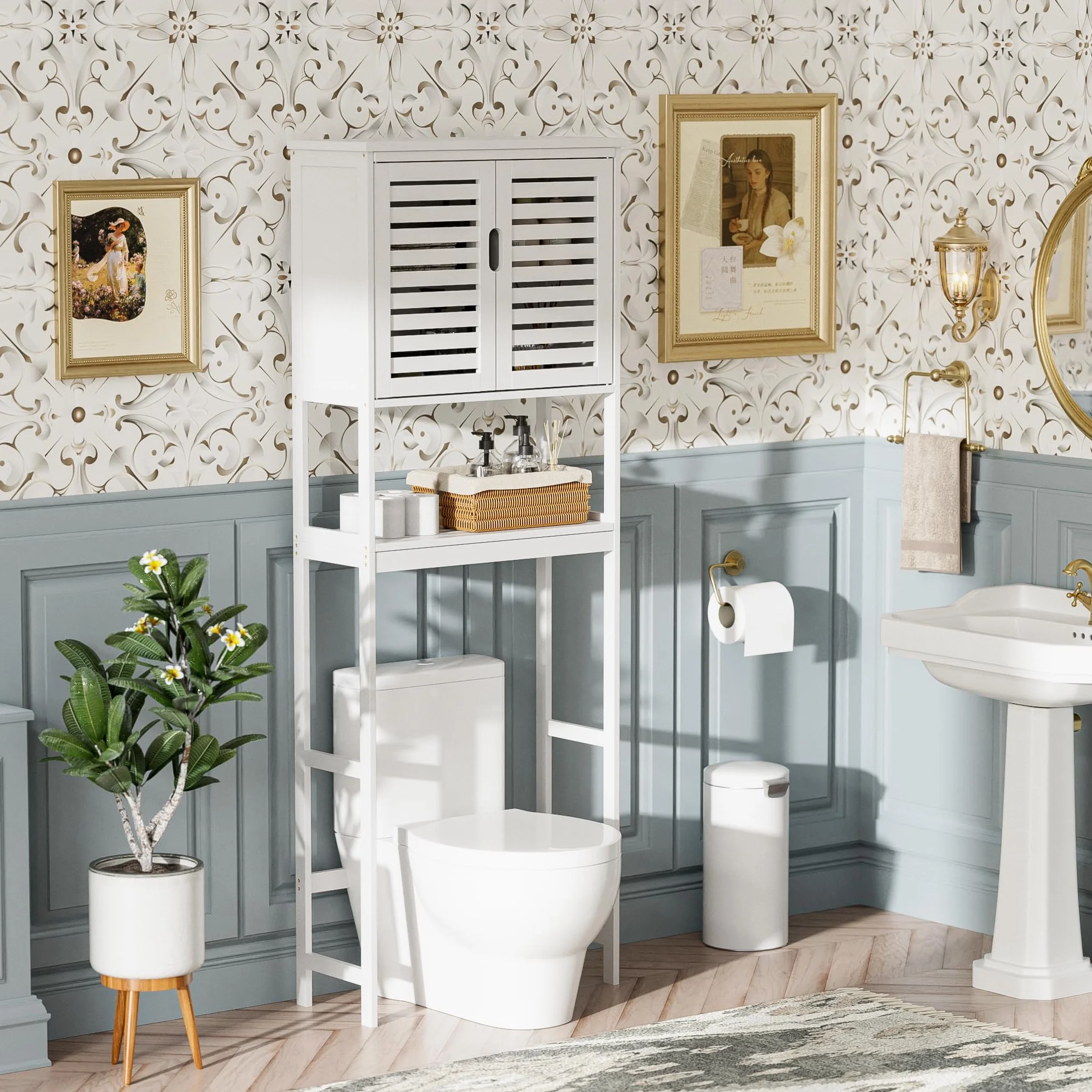 SMIBUY Contenitore salvaspazio sopra WC a 2 porte in bambù con ripiano interno regolabile e ripiano aperto indipendente (bianco), per Bagno