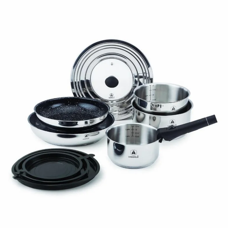 LAGUIOLE, Set da cucina 10 pezzi in acciaio inox con rivestimento ceramico antiaderente, compatibile con induzione, manico removibile, 3 pentole e 2 padelle, Argento