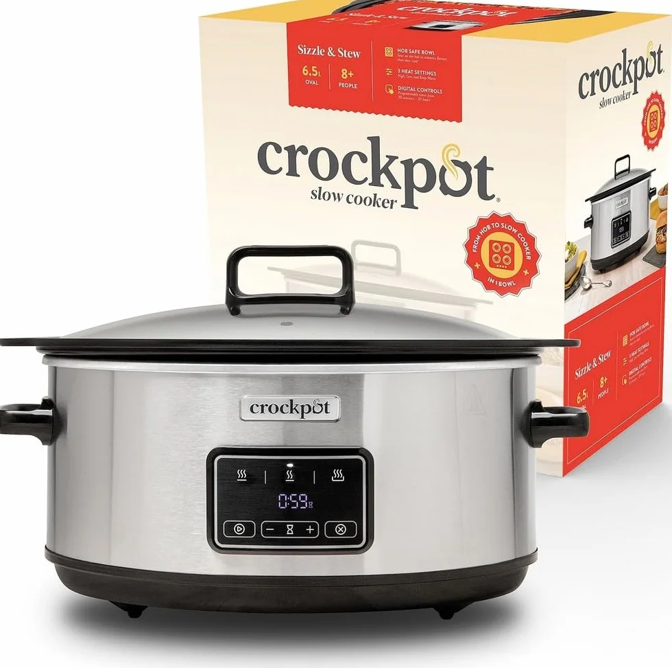 Crockpot Sizzle & Stew Digital Slow Cooker 3.5 L (3-4 persone) Ciotola rimovibile a induzione per la cottura di carni e verdure, presa UE a 2 pin, acciaio inossidabile [CSC112X]