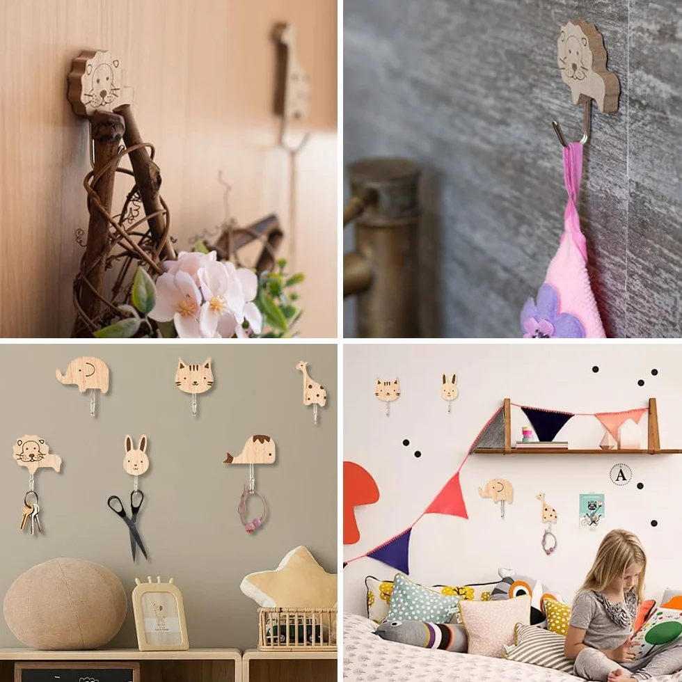 Ganci Appendiabiti da Parete Adesivi Legno Animali, Set 6 Pezzi per Bagno Cucina Camera Bambini