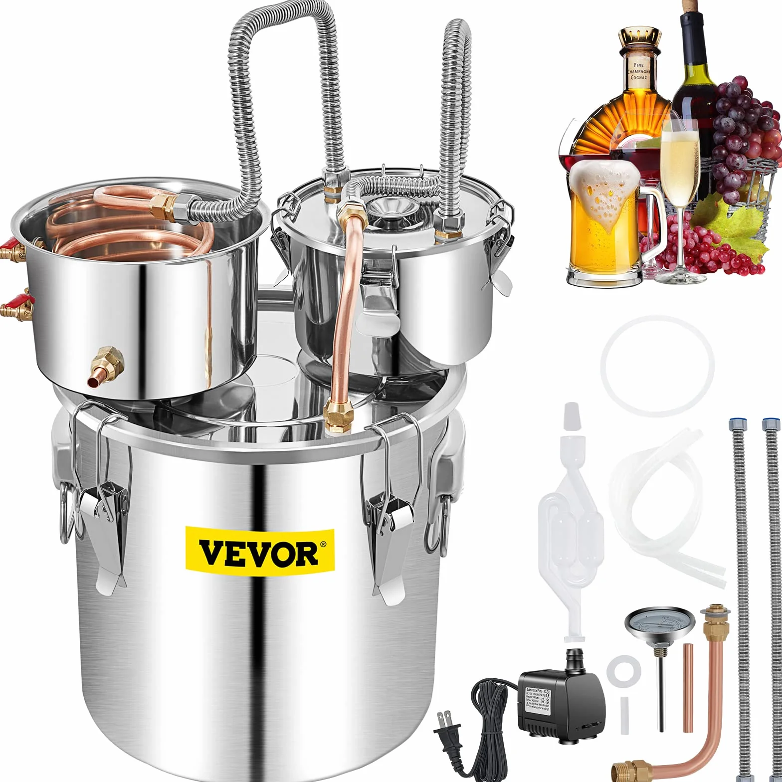 VEVOR Distillatore Alcol Acciaio Inox Rame Rosso 50L, Alambicco Distillazione Vino Grappa Liquore Doppio Fusto