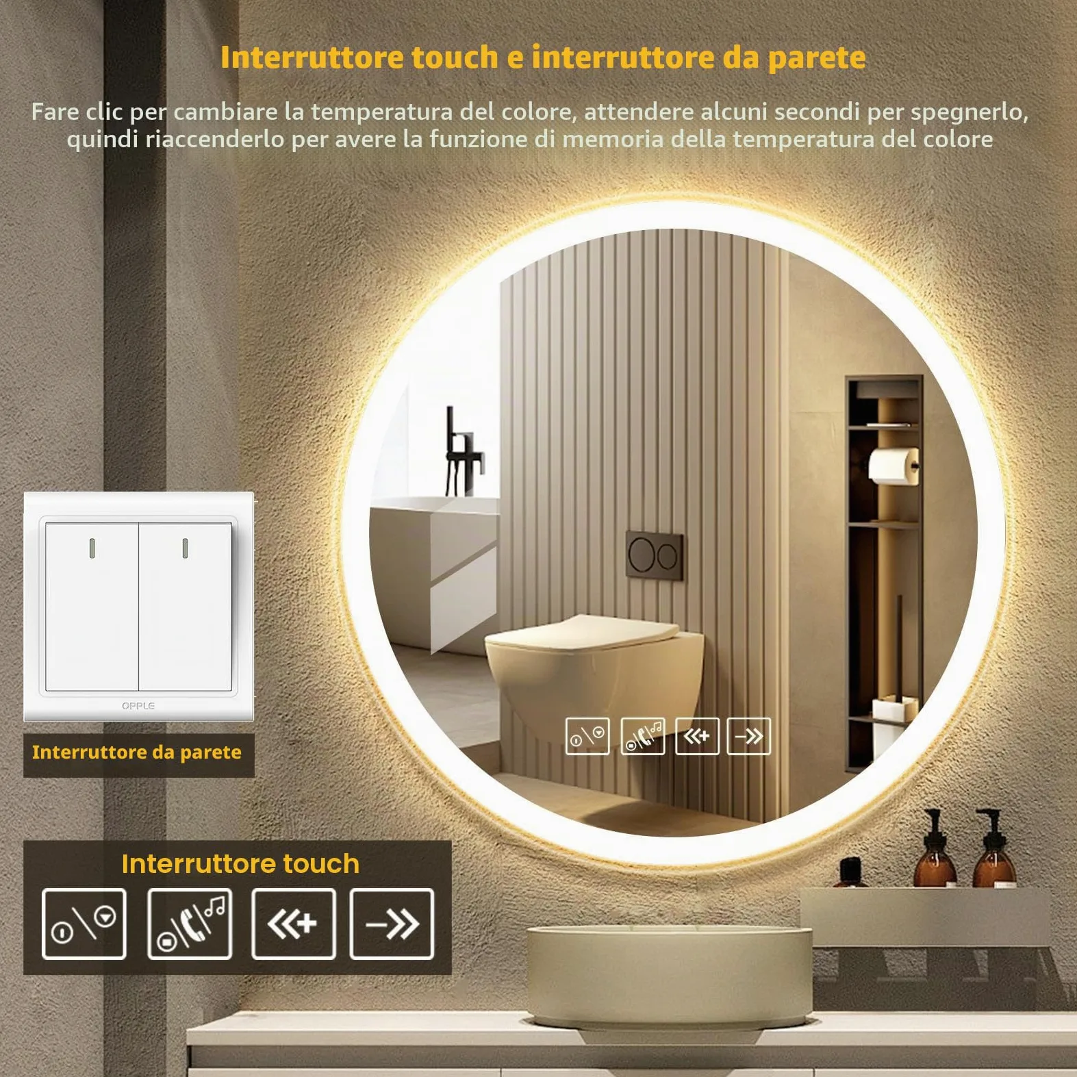 Specchio Bagno con Luce, Rotondo 60cm con Luce Regolabile, Bluetooth, Antiappannamento, Vetro Temperato HD – Funzione Memoria e Riproduzione Musicale
