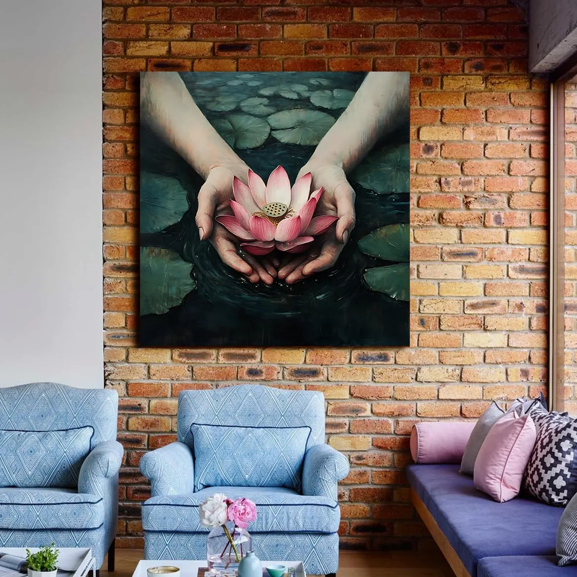 YUNART Tela pittura da tela arte murale con mano ninfea laghetto di fiori decorazioni murali per soggiorno cucina bagno ufficio arredamento della casa 90x90cm Telaio interno
