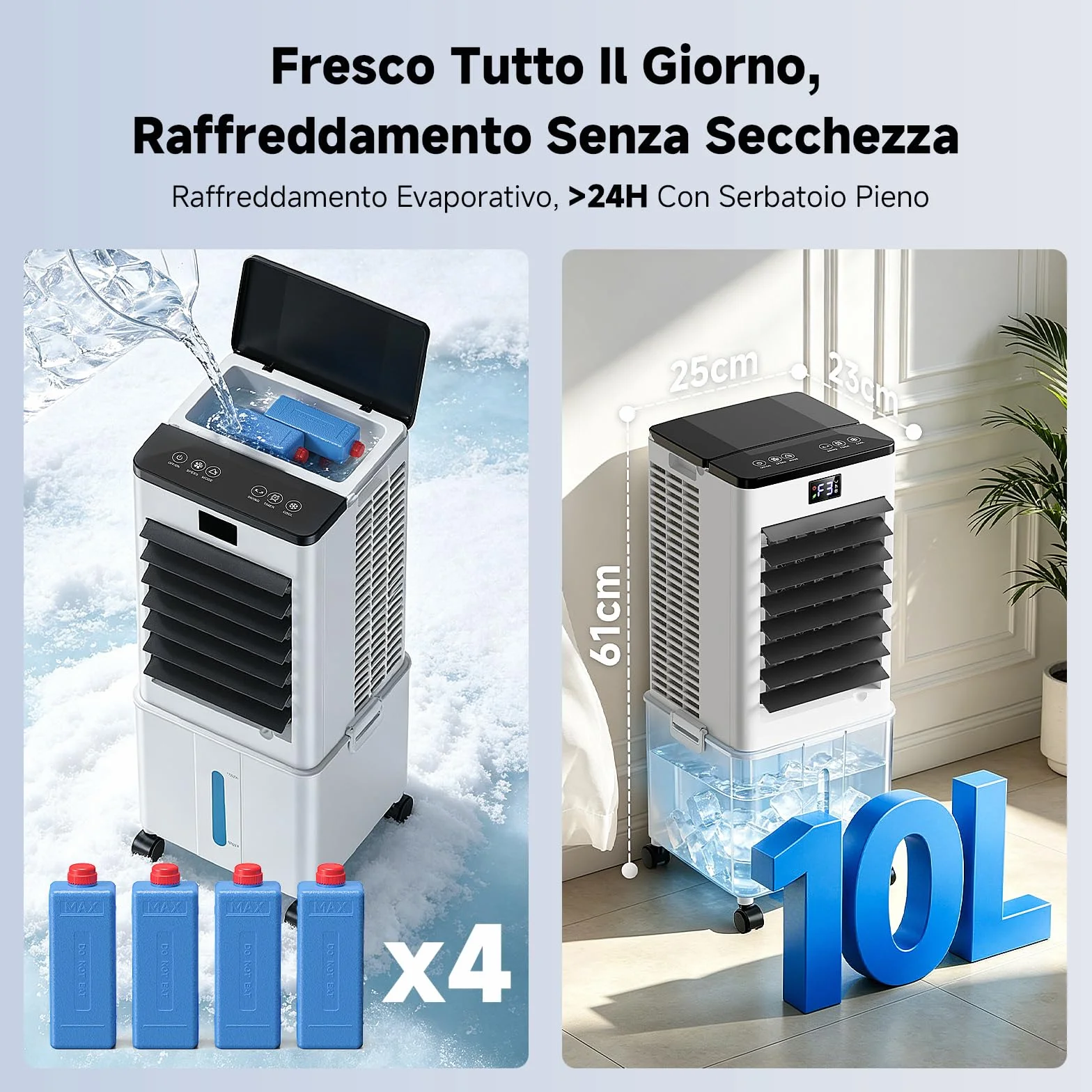 Condizionatore Portatile senza tubo 10L Migliorato, Raffrescatore d'Aria 4 in 1, 3 Velocità, Timer 1-12h, 3 Modalità, Telecomando, Oscillazione 60°, per Camper, Casa, Ufficio(Nero e bianco opaco)