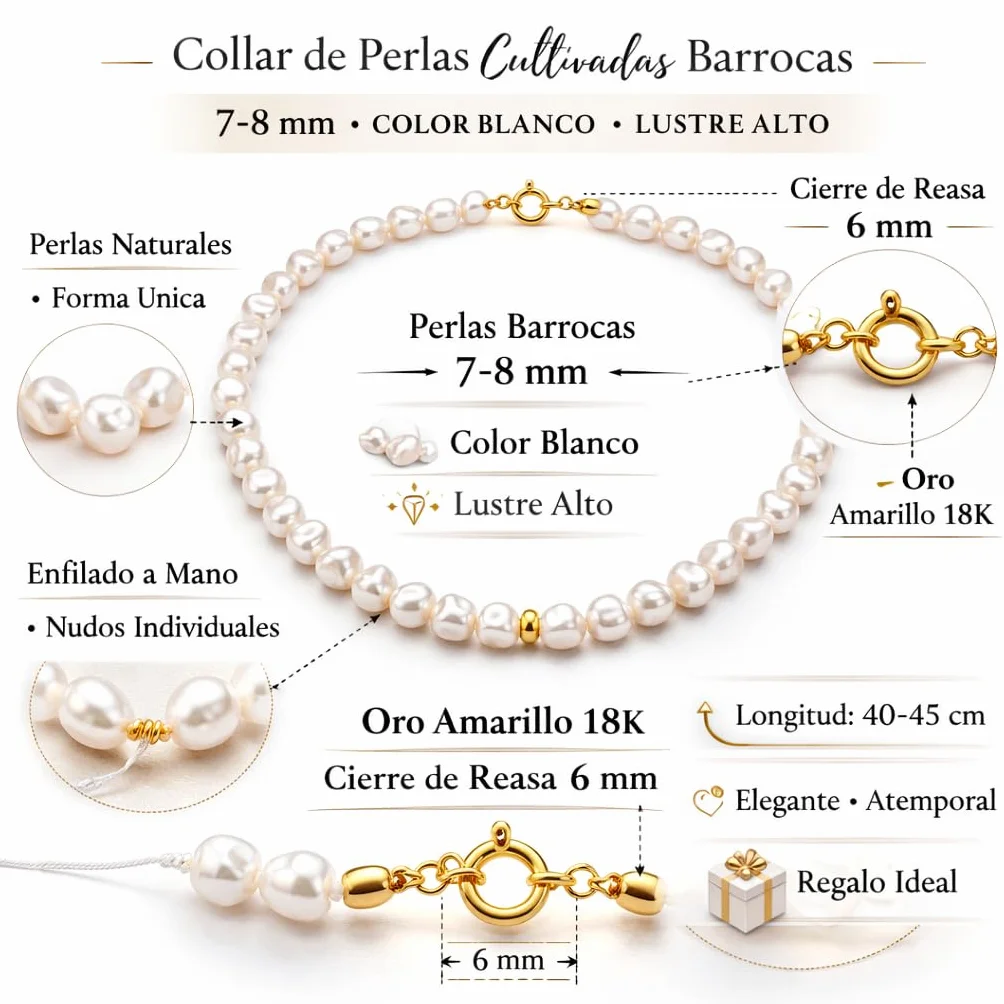 Collana con perle coltivate autentiche e Argento 925, con lucentezza alta e forma barocca con una lunghezza di 45 cm, 45 cm largo, Oro, Perla