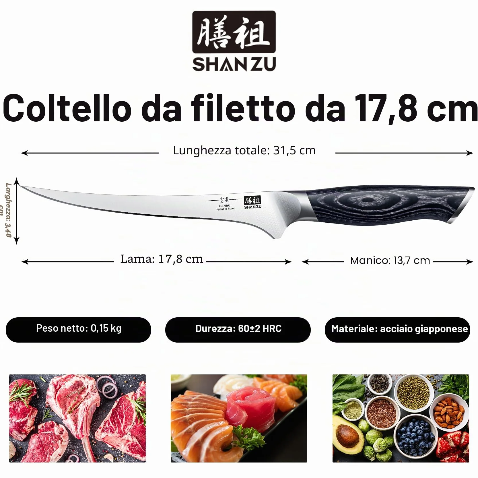 SHAN ZU Coltello per Filettare 18cm Coltelli da disosso Coltelli da intaglio Lama in Acciaio Inossidabile Ultra Affilata con Ergonomica K133 Impugnatura - Genbu Serie