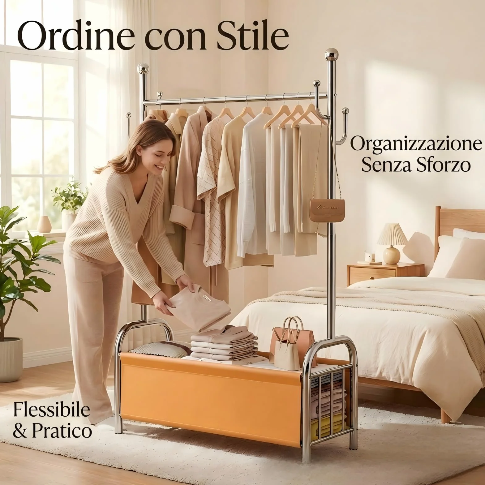 Porta Abiti da Terra in Acciaio Inox con Cestino Portaoggetti in Pelle 115 kg