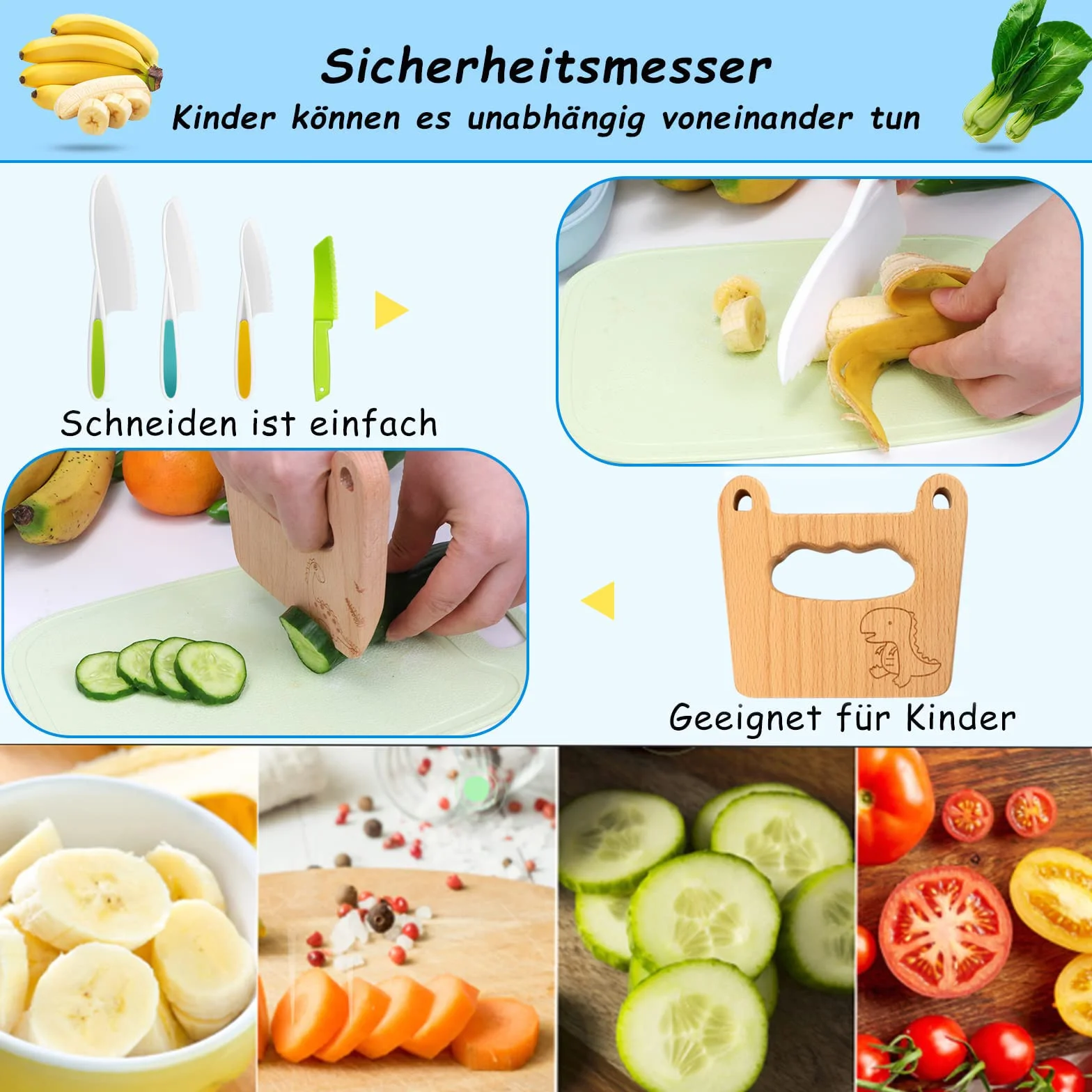 Goodchef Set di 5 coltelli da cucina per bambini per tagliare e cucinare frutta o verdura per bambini piccoli, con coltello in legno a prova di bambino a partire dai 2 anni (dinosauro dagli occhi