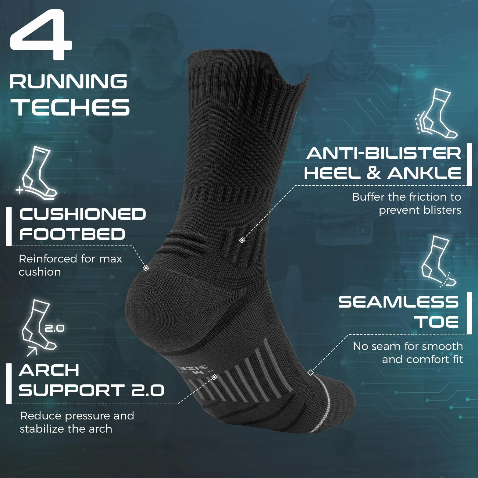 Rahhint Pro Coolmax Compressione 3 Paia Calzini Running Uomo Antivesciche Supporto Arco Plantare 35-51