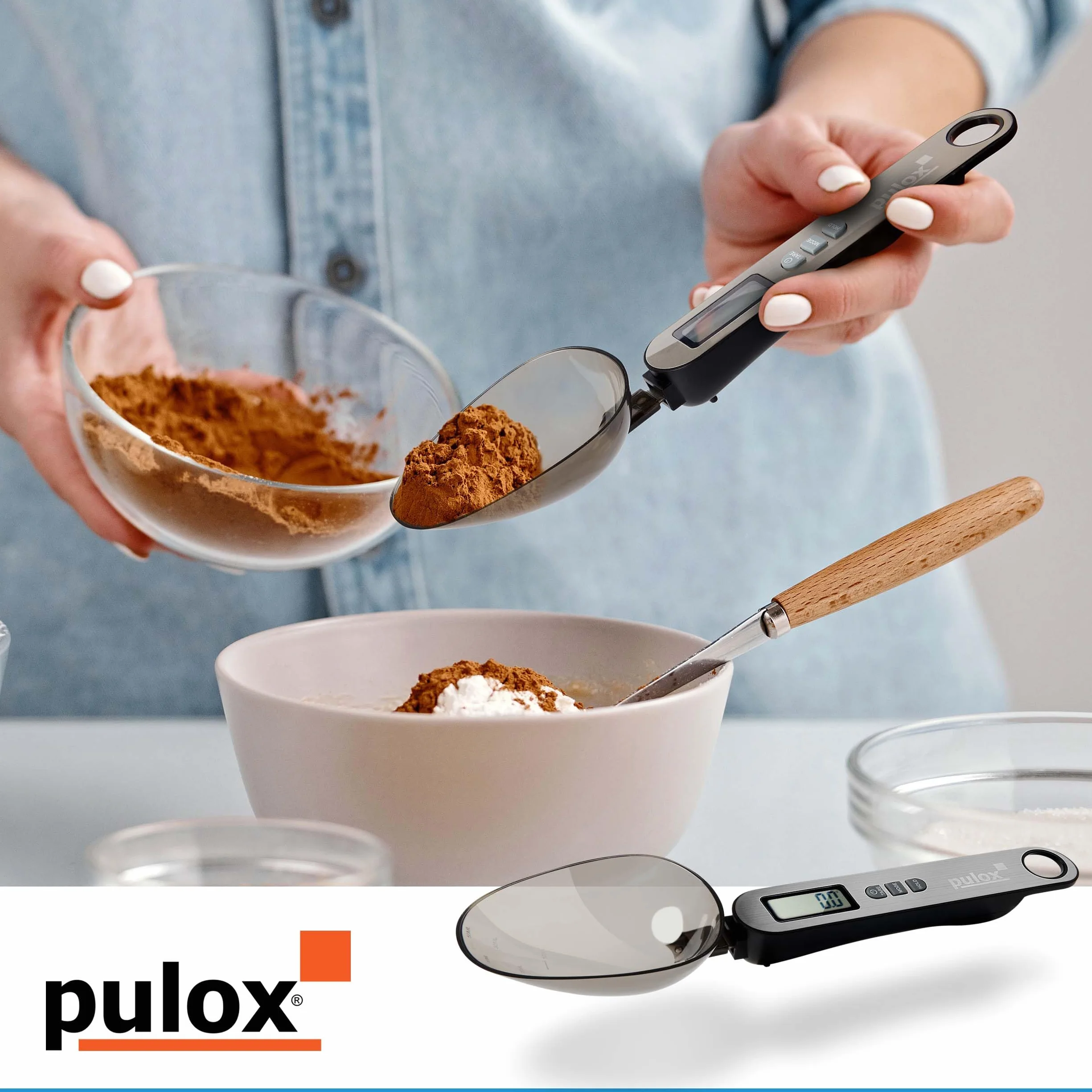 Pulox Bilancia da cucchiaio PLW-200 con tre cucchiai da 25 ml, 45 ml e 180 ml da 0,1 g, portata fino a 500 g, bilancia da cucina digitale, bilancia fine