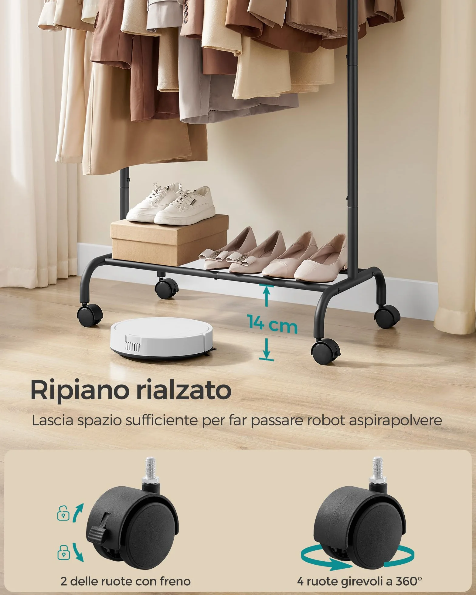 SONGMICS Stand Appendiabiti con Ruote, Attaccapanni Estensibile in Metallo, 40x(83-120)x156 cm, 45 kg, Nero HSR134B01