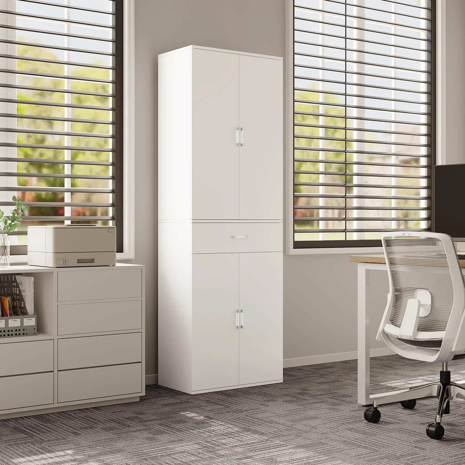 eSituro Armadio per Ufficio, Armadio per Archiviazione, 3 Ripiani Regolabili, 1 Cassetto, Legno Ingegnerizzato, 60x34x180 cm, Bianco