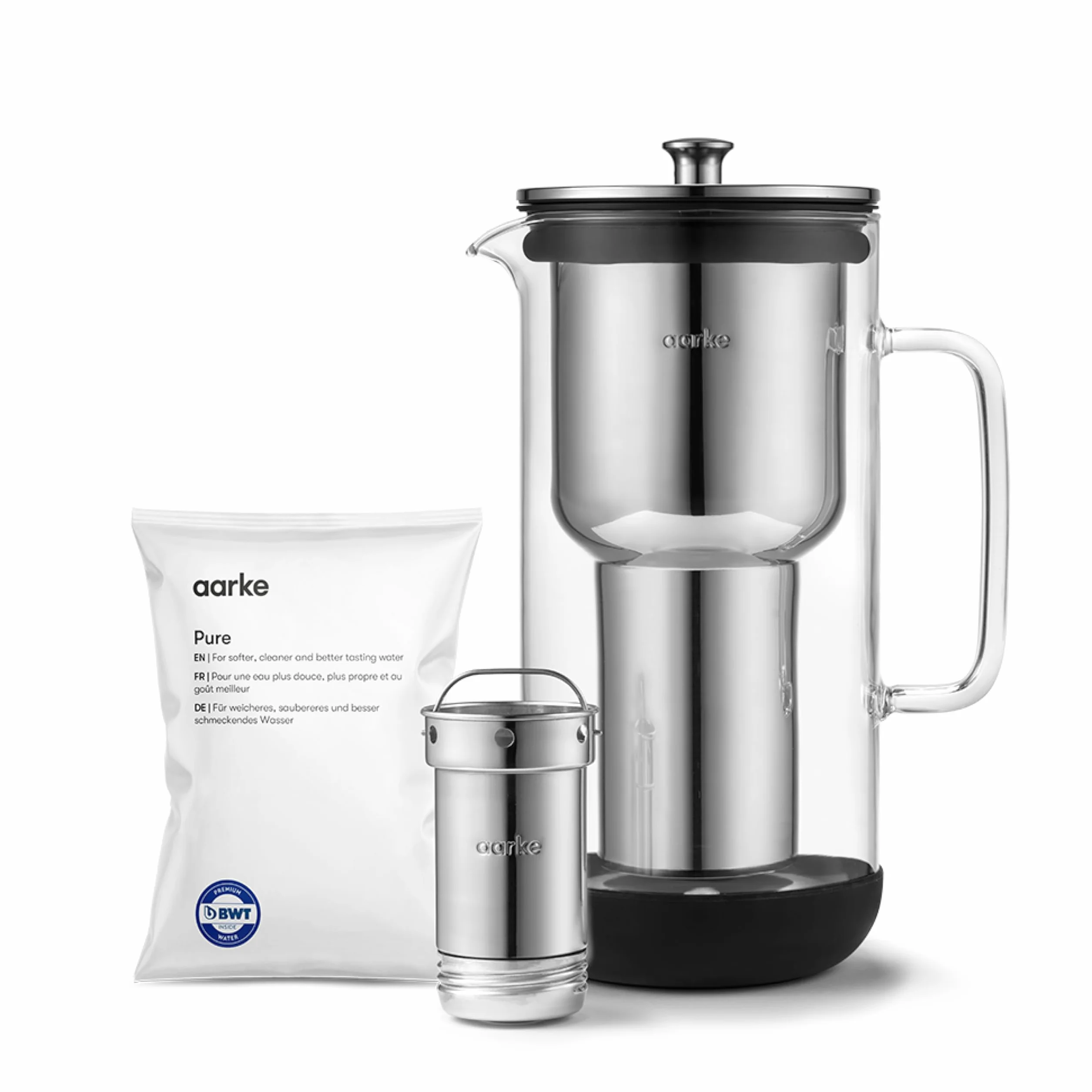 Aarke Purificatore, caraffa filtrante in vetro e acciaio inox, 2,4 l/10 tazze, con sacchetto di ricarica aarke Pure