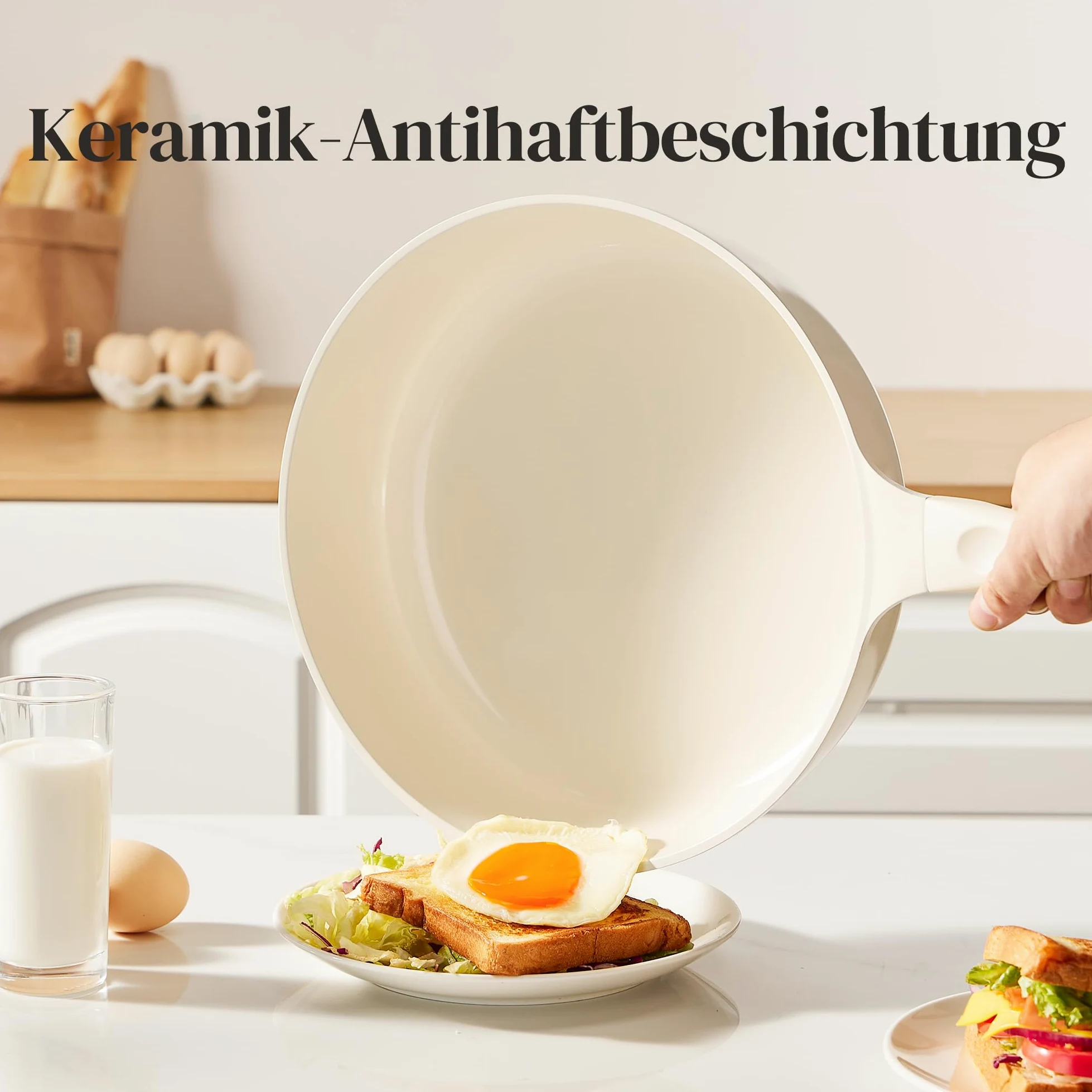Redchef Set di 11 pentole in ceramica con coperchio in vetro - Senza PTFE - Senza PFAS - Adatto a tutti i tipi di piano cottura - Lavabile in lavastoviglie (beige)