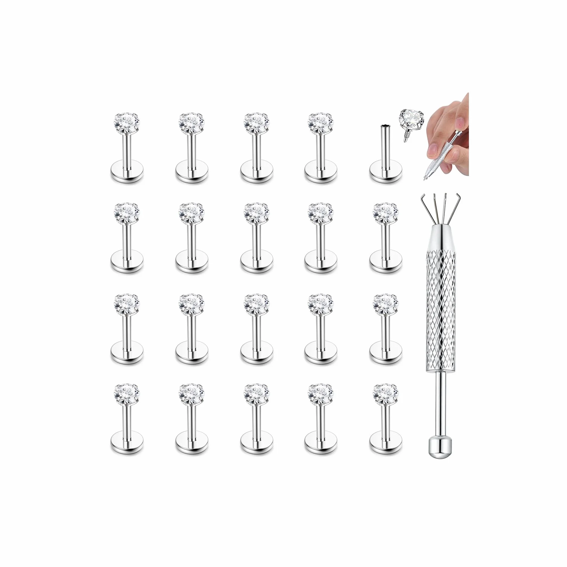 CASSIECA 20Pcs 16G Piercing Labret Acciaio Inossidabile Labbro Trago Helix Conch Naso Cartilagine Orecchini Argento Oro Verticale 6/8/10mm