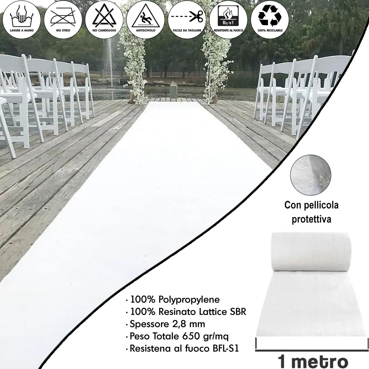 MASTERBRICO Passatoia Bianca Matrimonio, Tappeto Bianco Sposa per Navata Nunziale Chiesa, Cerimonia Festa ed Eventi, con Pellicola Protettiva (1x10mt, BIANCO)