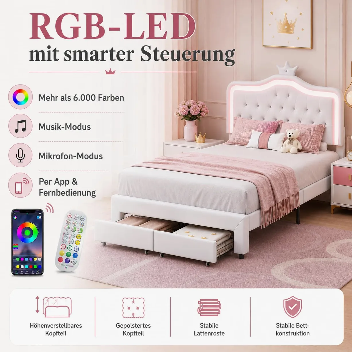 Letto imbottito 140 x 200 cm, letto principesse con illuminazione a LED, Letto matrimoniale con Testiera regolabile a forma di corona, Letto per bambini con rete a doghe e cassetto, senza materasso