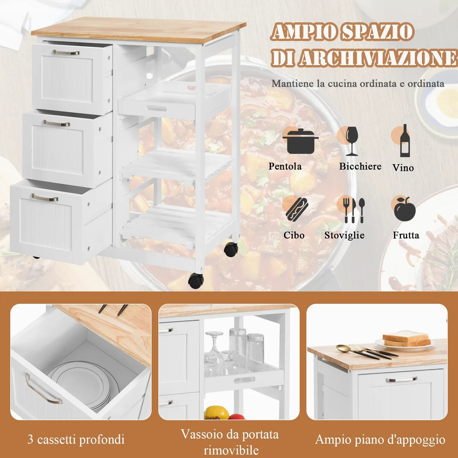 RELAX4LIFE Carrello da Cucina con Ruote Girevoli, Credenza Portaoggetti in Legno Robusto con 3 Cassetti e 3 Ripiani, Carrello di Servizio Pratico e Salvaspazio per Sala da Pranzo (Bianco)