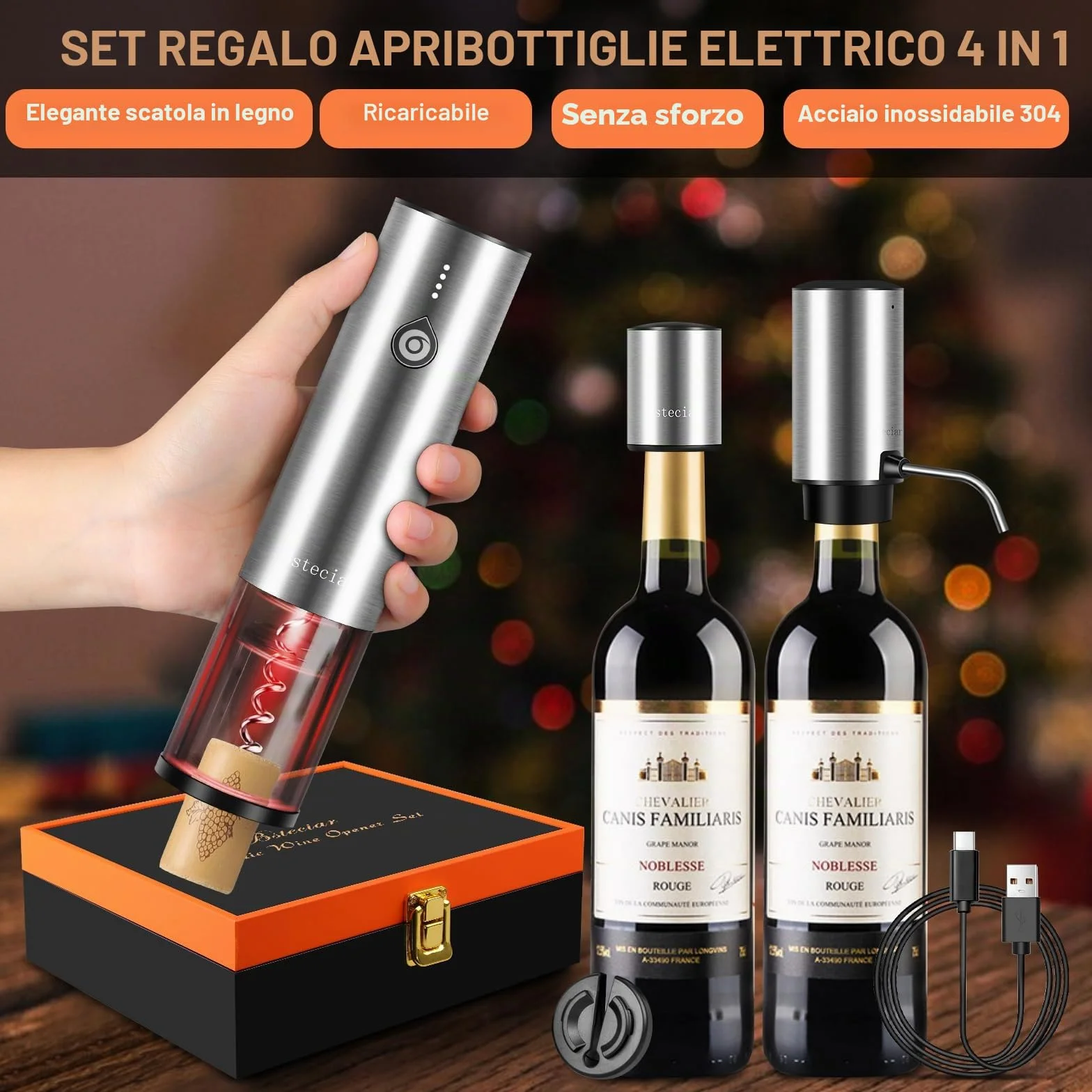 Cavatappi Professionale Elettrico per Vino, Apribottiglie 4 in 1 Ricaricabile con Versatore Automatico, Taglierina per Lamine, Tappi Sottovuoto