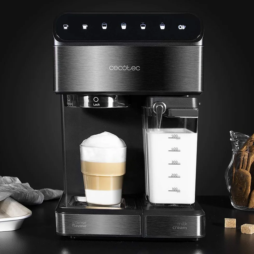 Cecotec Caffettiera Semiautomática Power Instant-ccino Touch Serie Nera, Serbatoio di Latte, Controllo Tattile, 20 Bares, Thermoblock, 1350 W, 1.4 L, Acciaio Inossidabile