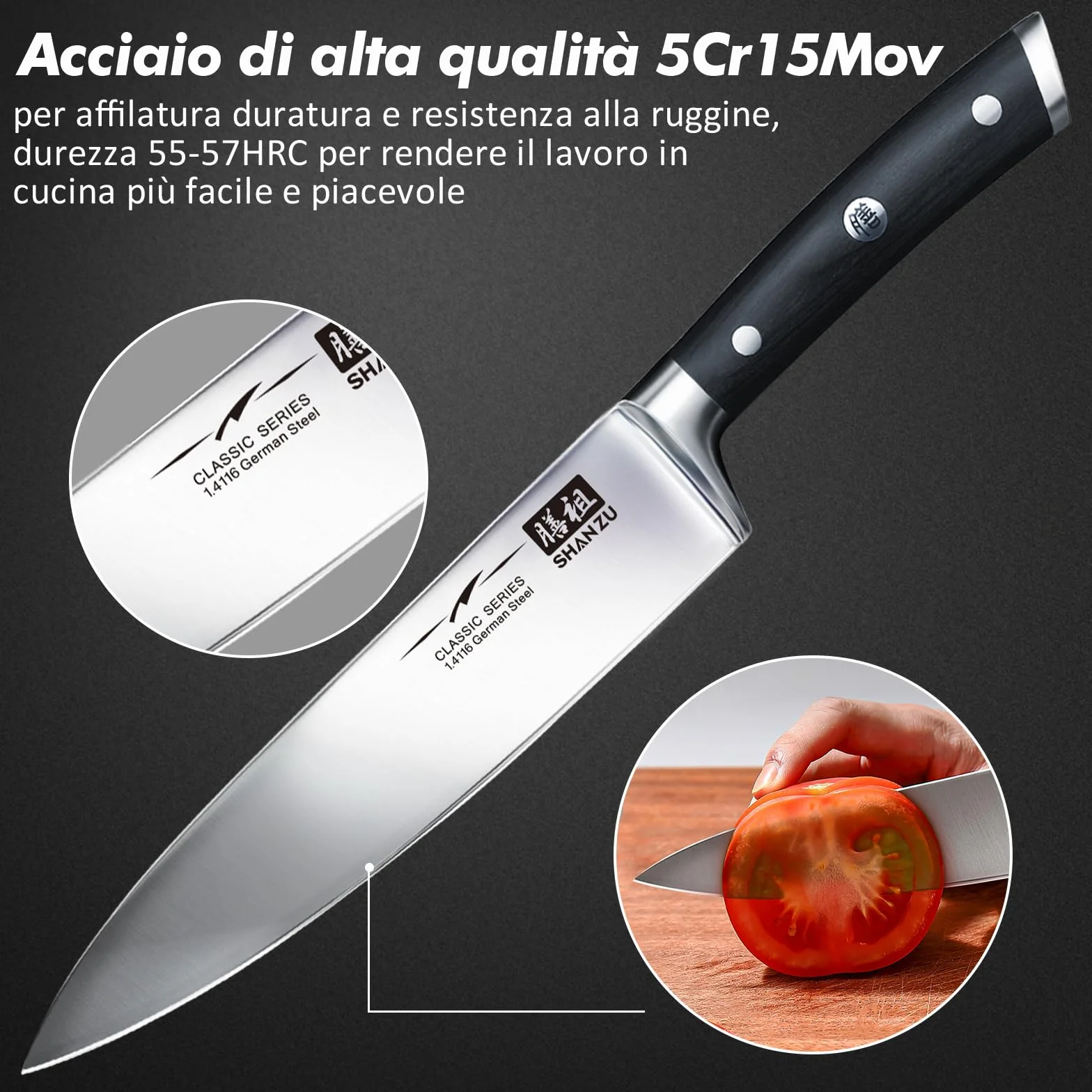 SHAN ZU Set di Coltelli da Cucina 3 Pezzi Acciaio Inox Ultra Affilati 20 cm 15 cm 9,5 cm