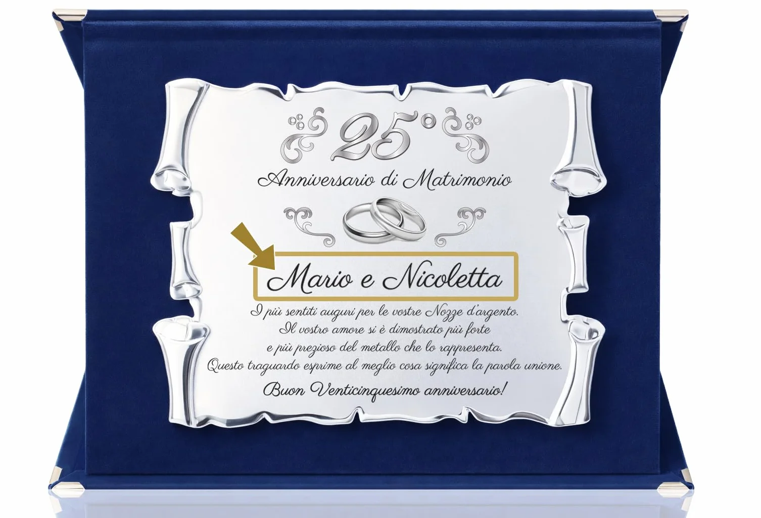Targa 25° Anniversario di Matrimonio NOMI PERSONALIZZATI | Elegante Regalo Anniversario Nozze d'argento | Pergamena Argentata su Cofanetto in Velluto Blu