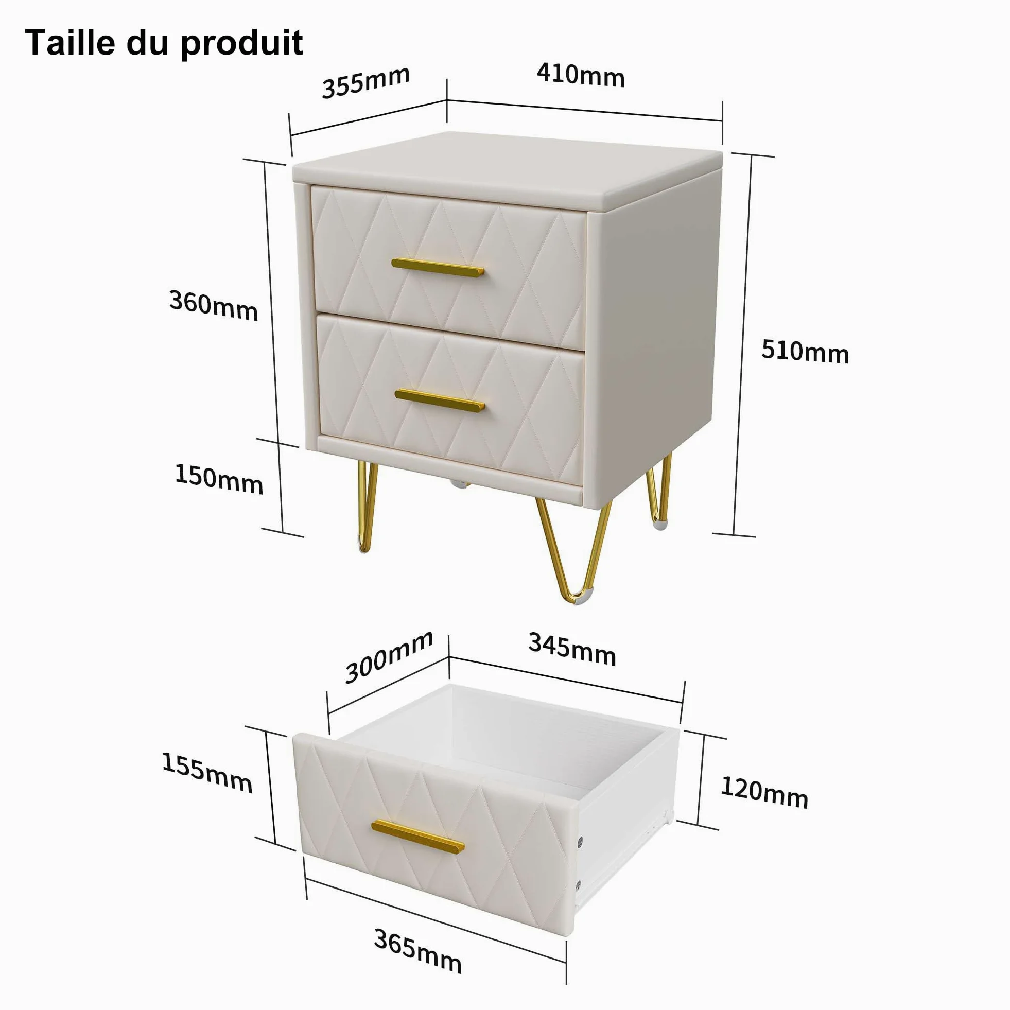 Comodino con 2 cassetti, superficie in pelle, tavolino con piedini e maniglie in metallo per camera da letto, soggiorno, 41 x 35,5 x 51 cm (beige PU+2 cassetti, 2 unità)